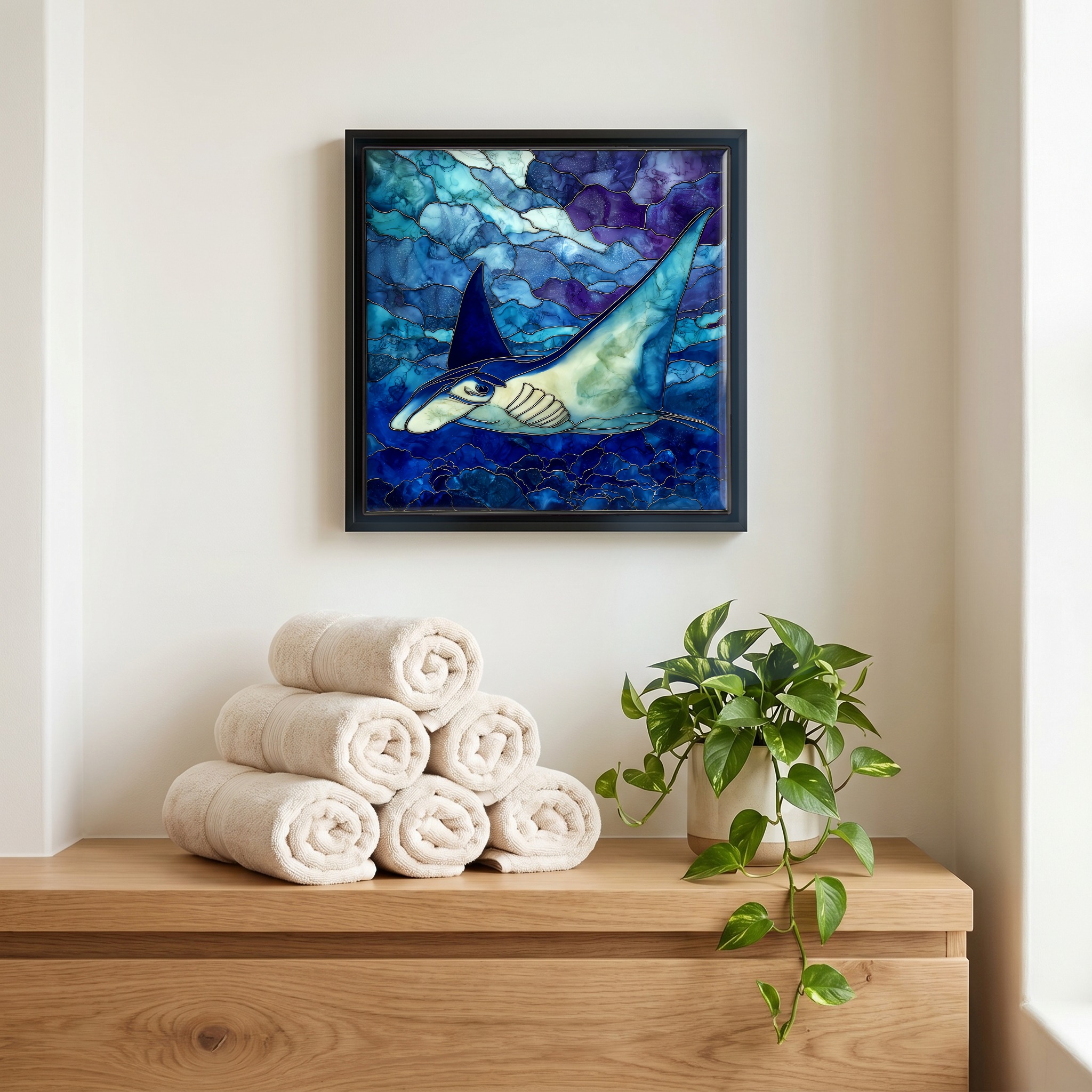 Above the linens, in a slim black surround.
