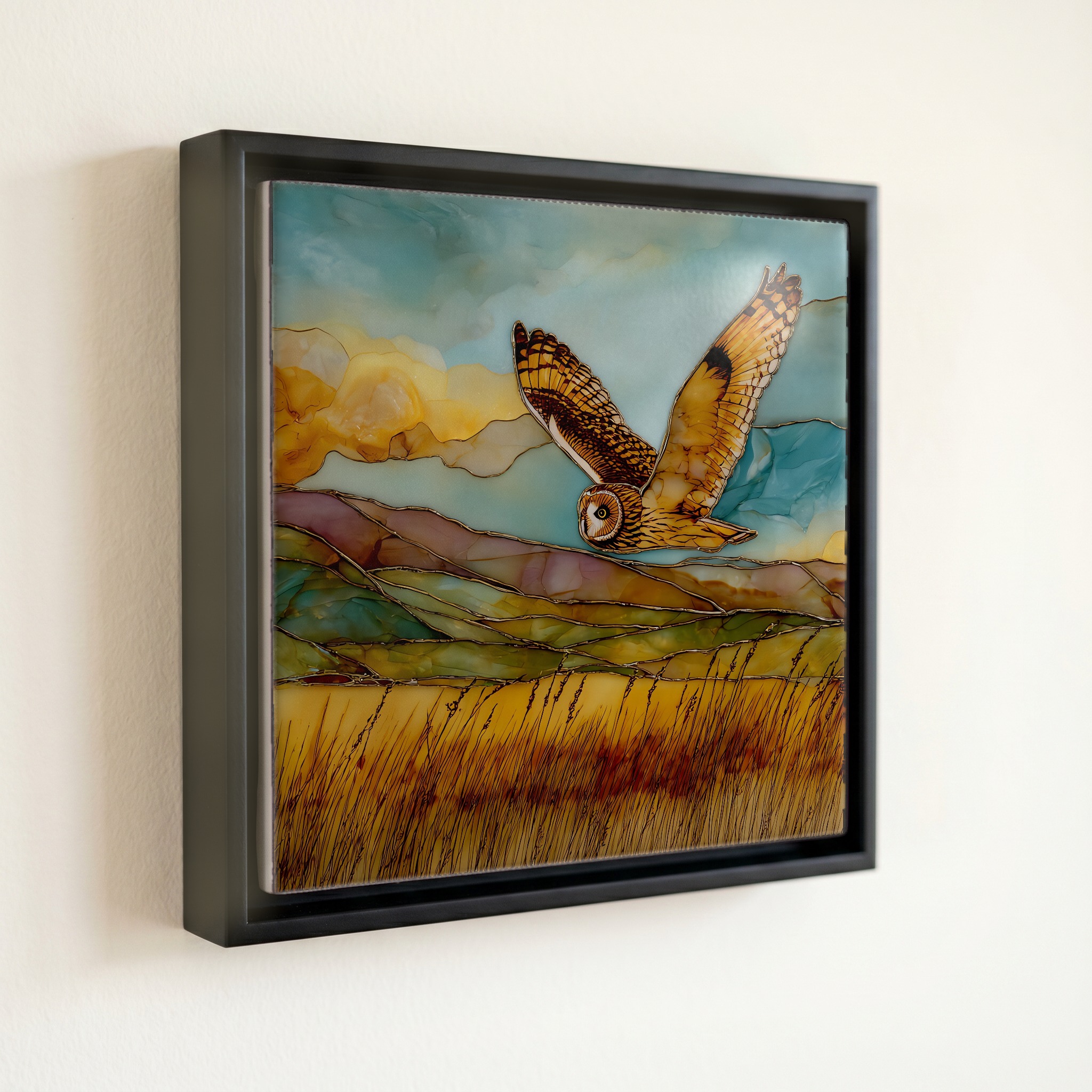 shown in a slim black floating frame · 6 × 6 in