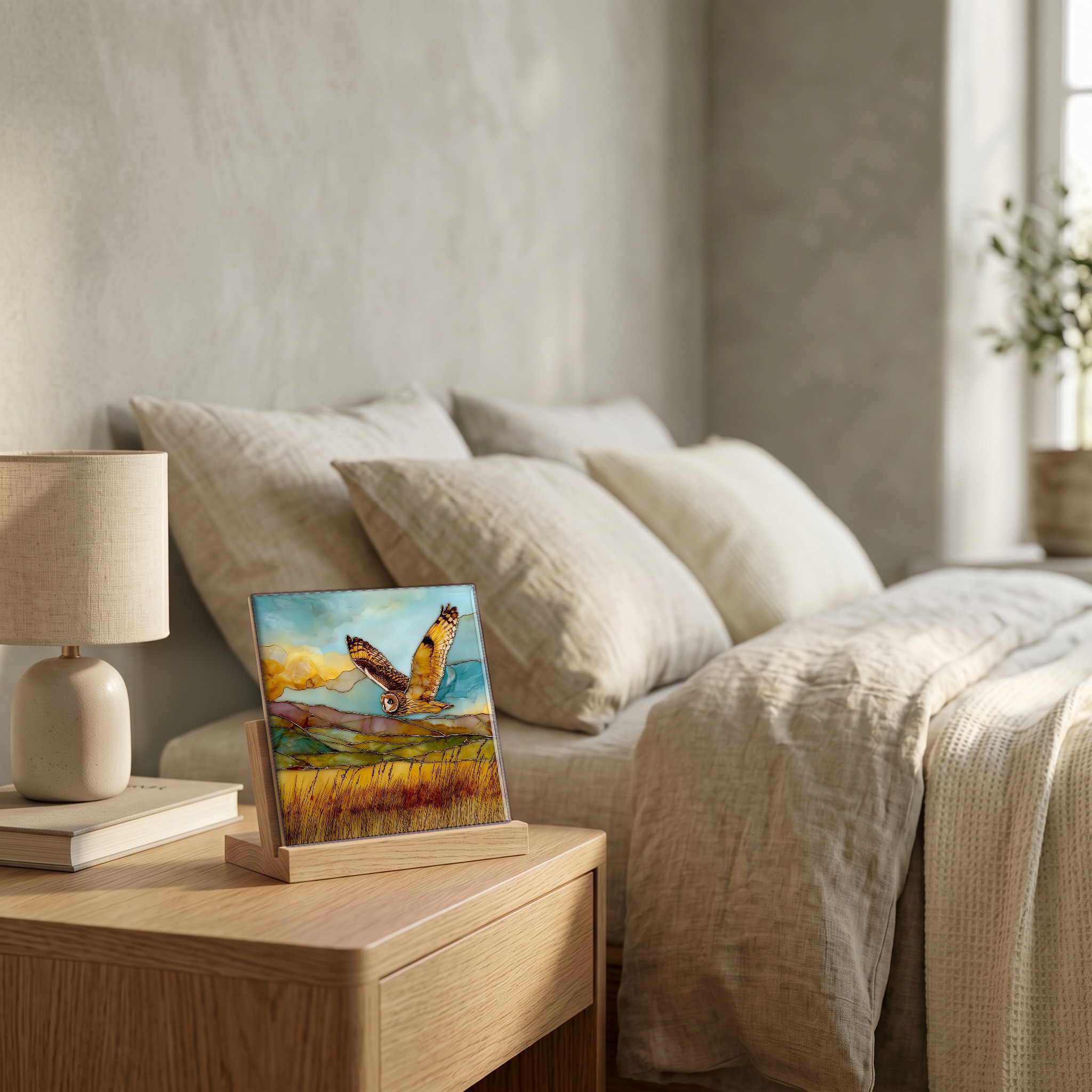 On the nightstand, on a light oak stand.