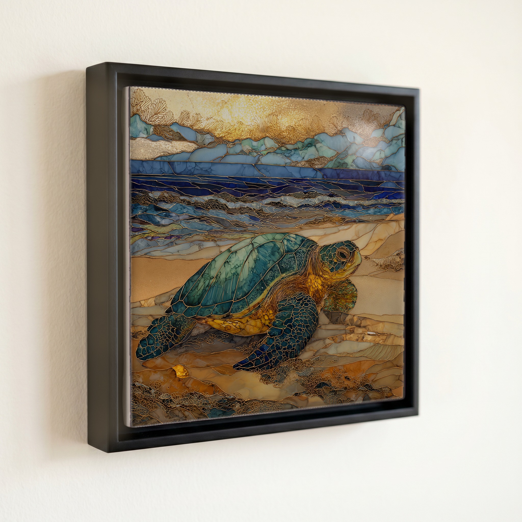 shown in a slim black floating frame · 6 × 6 in