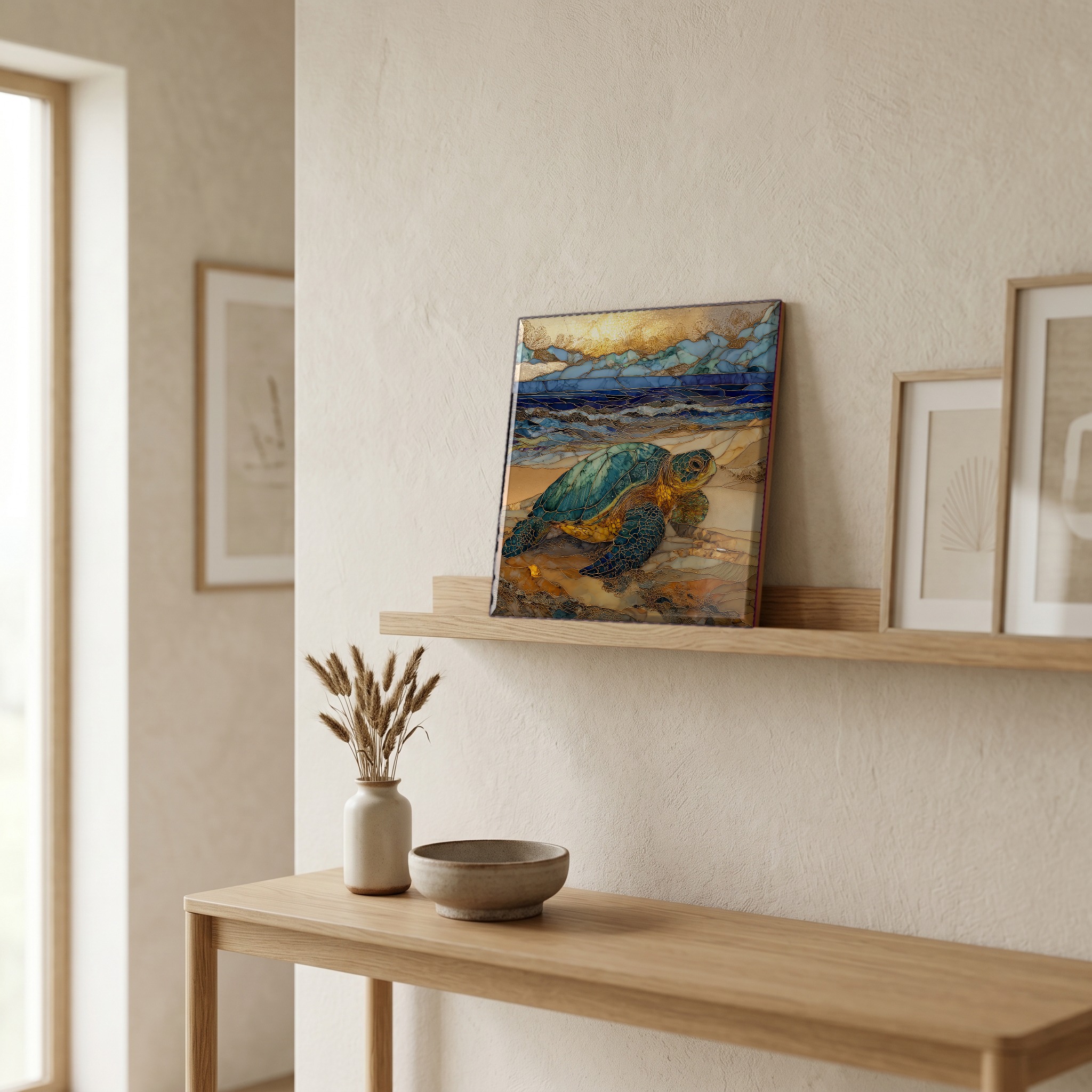On a picture ledge, where the light comes in.