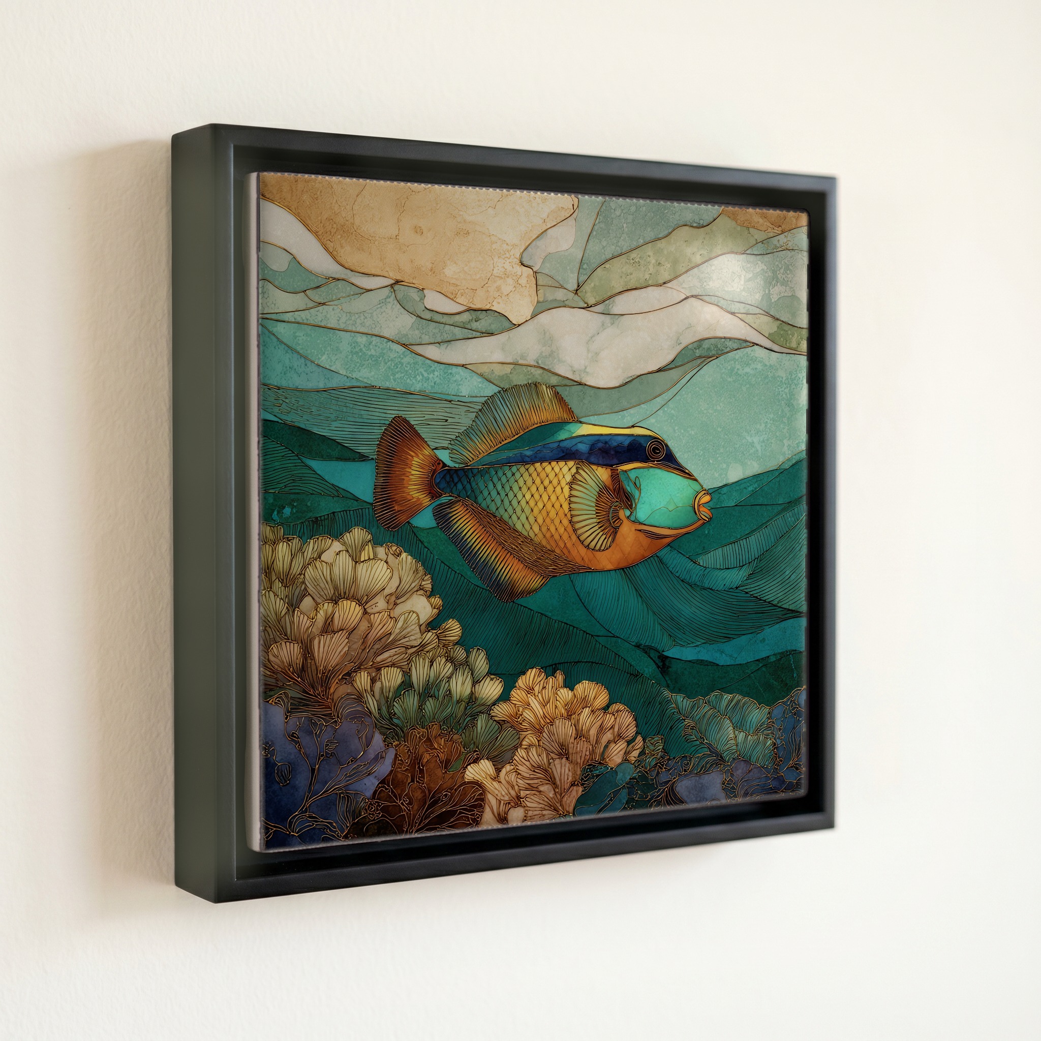 shown in a slim black floating frame · 6 × 6 in