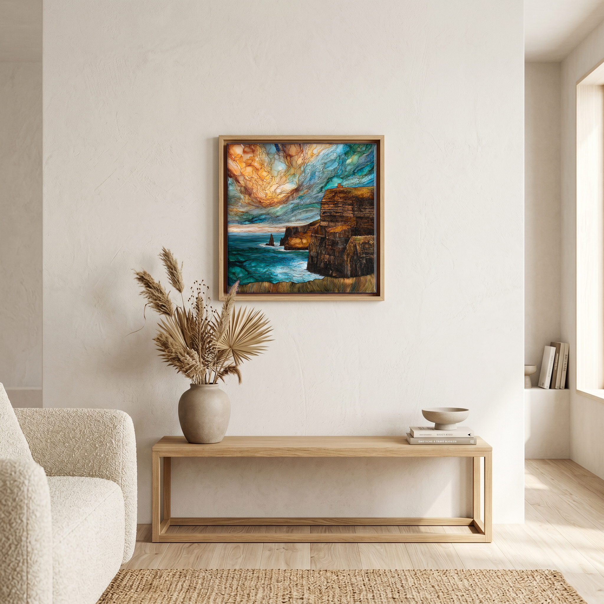 Above the bench, in a warm oak surround.