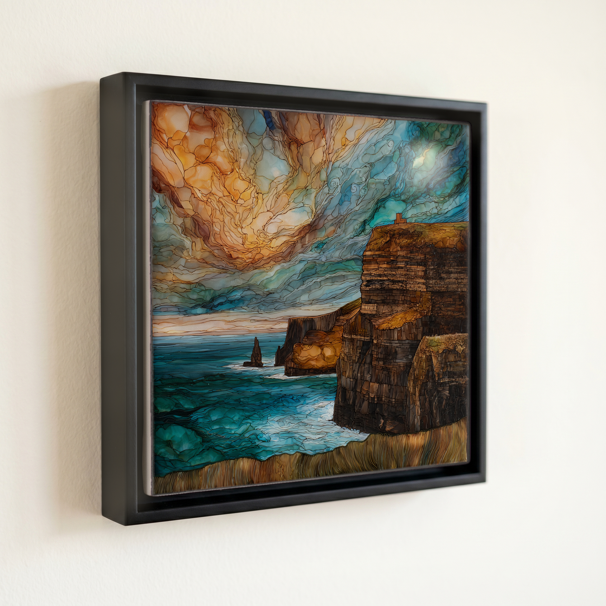 shown in a slim black floating frame · 6 × 6 in
