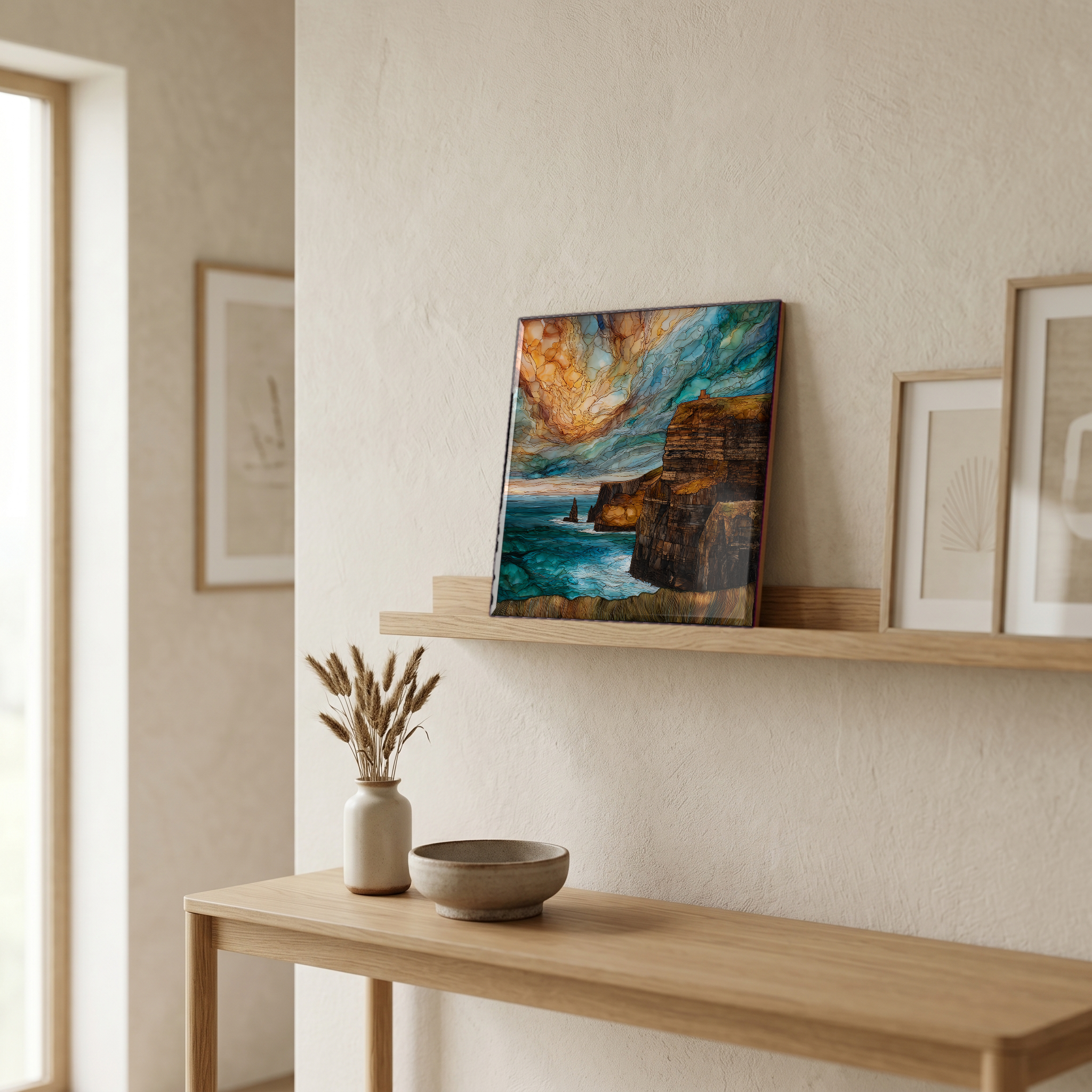 On a picture ledge, where the light comes in.
