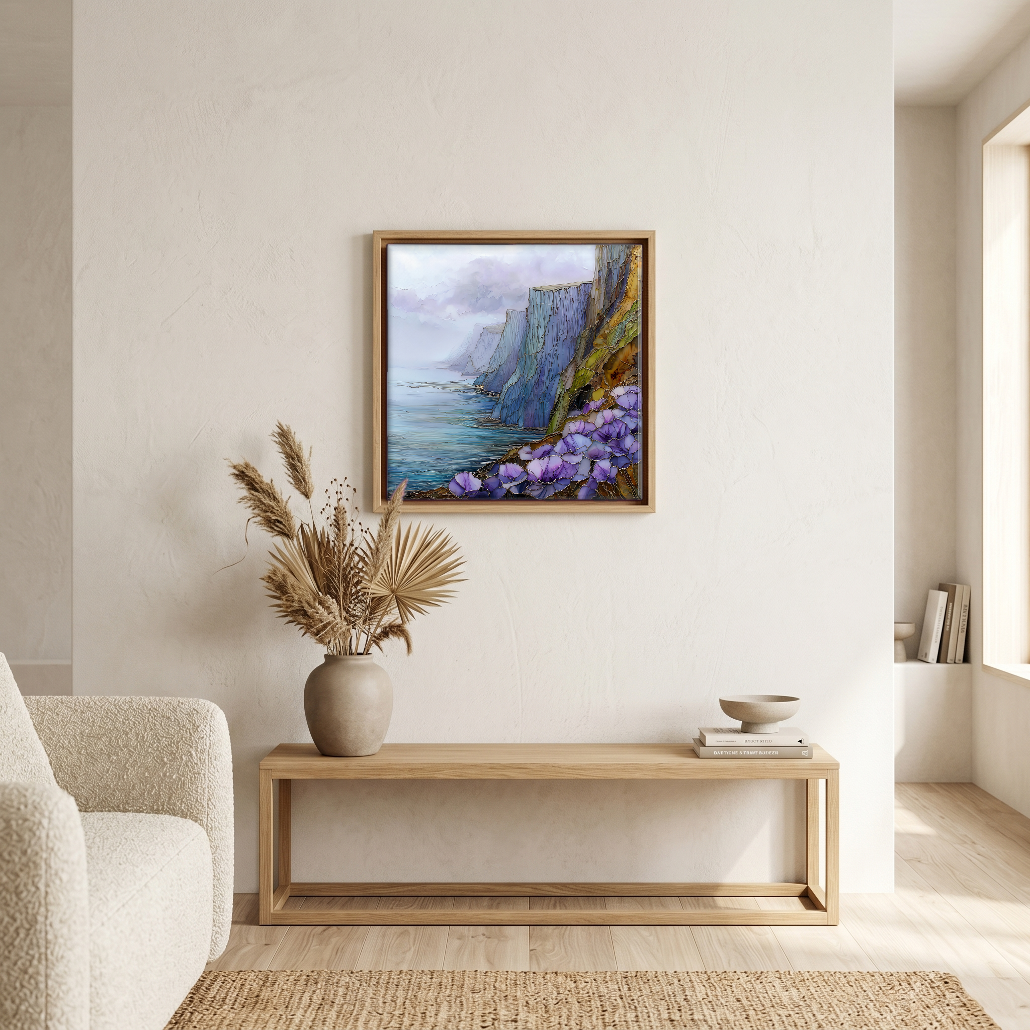 Above the bench, in a warm oak surround.
