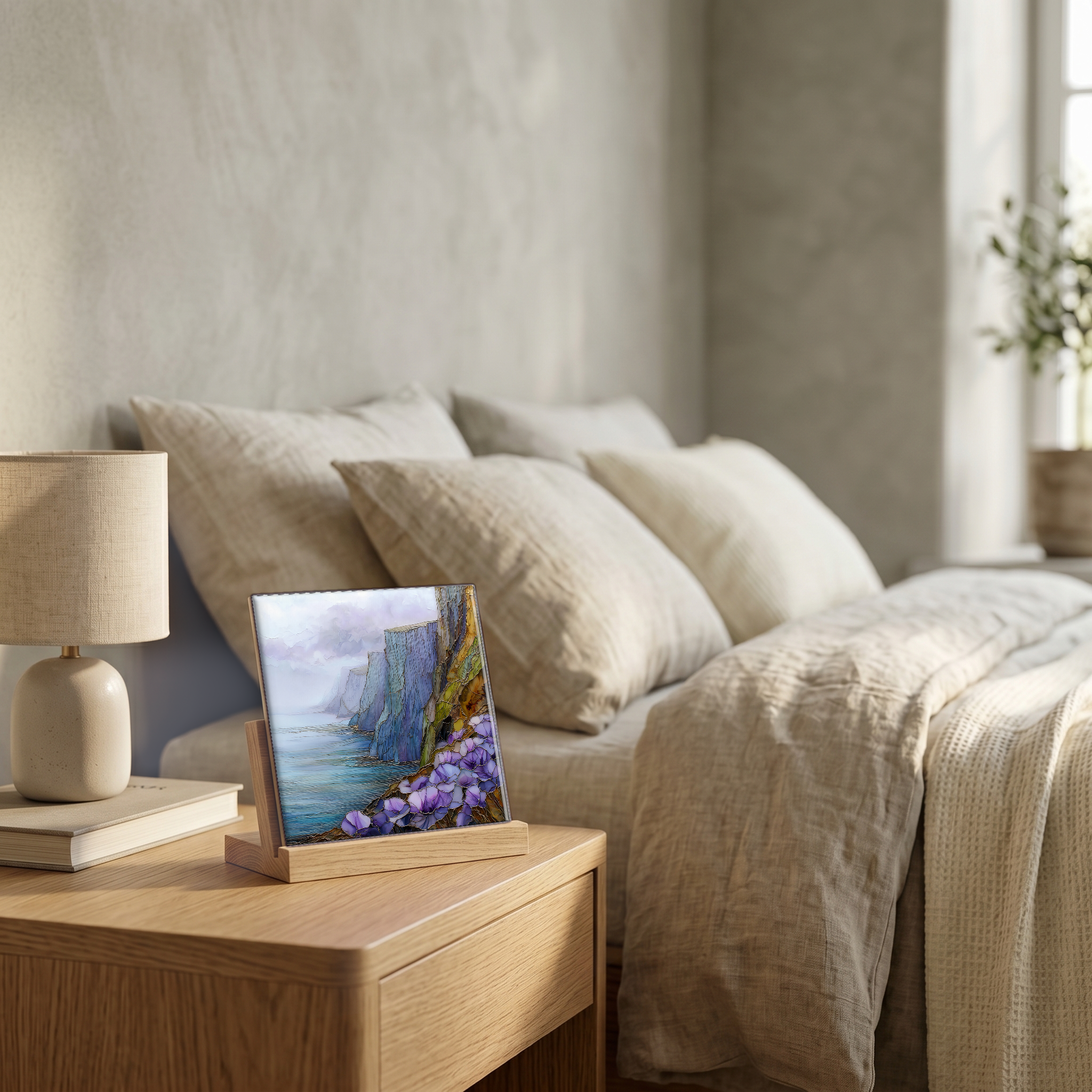 On the nightstand, on a light oak stand.