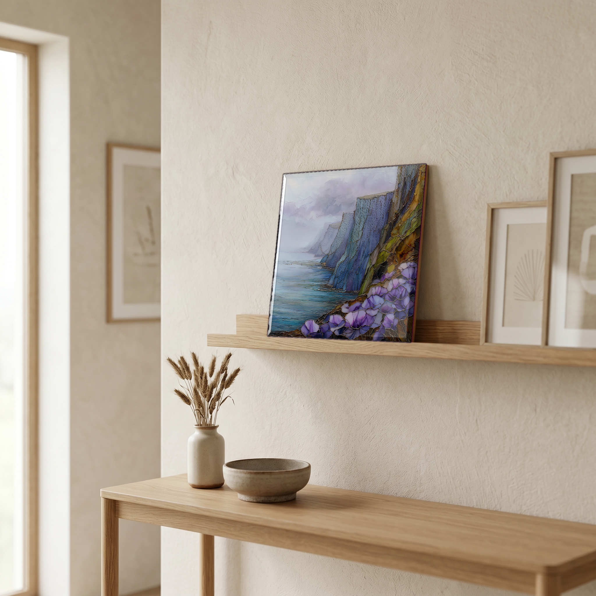 On a picture ledge, where the light comes in.