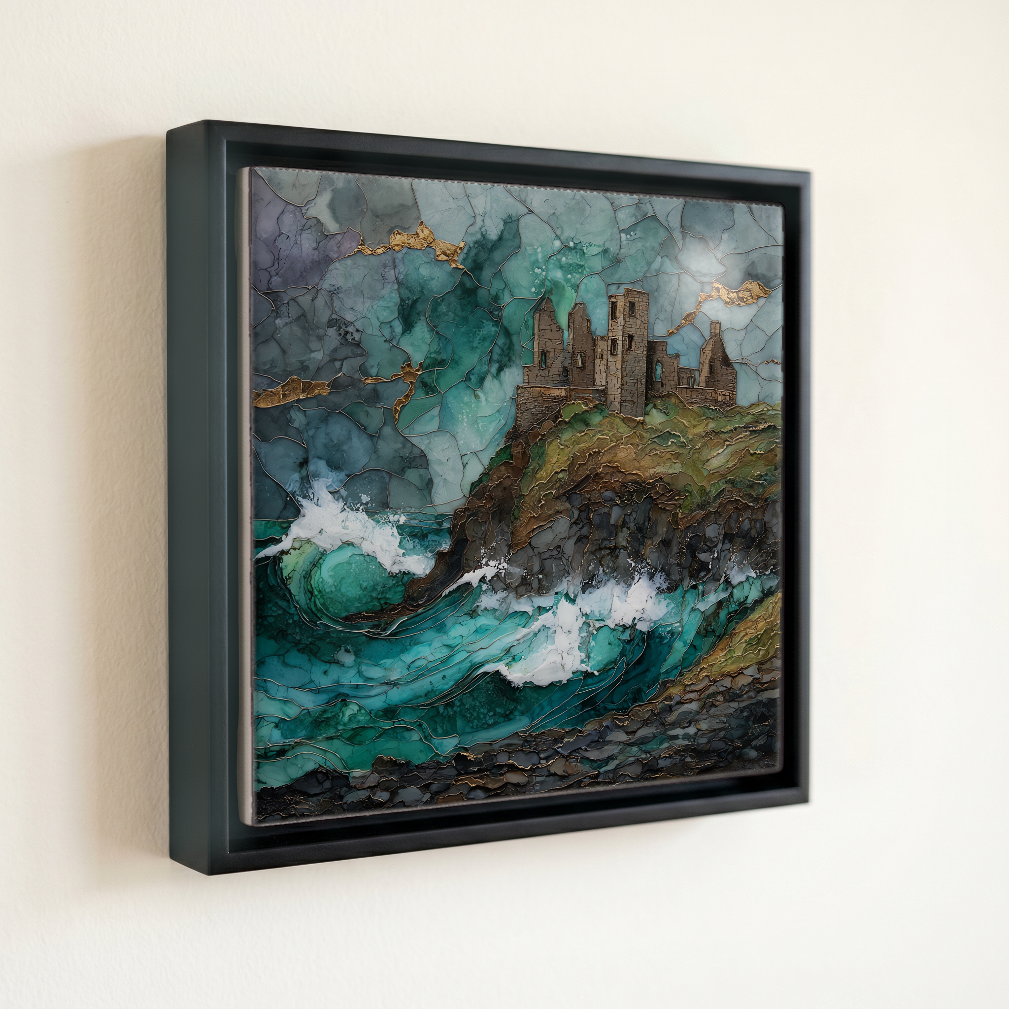 shown in a slim black floating frame · 6 × 6 in