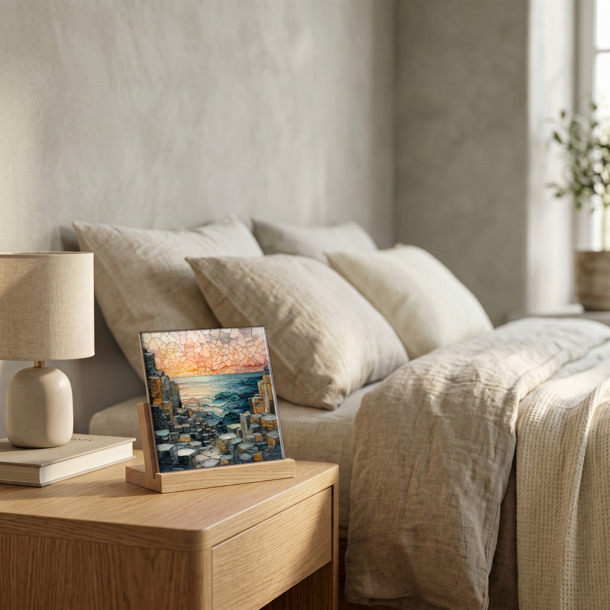On the nightstand, on a light oak stand.