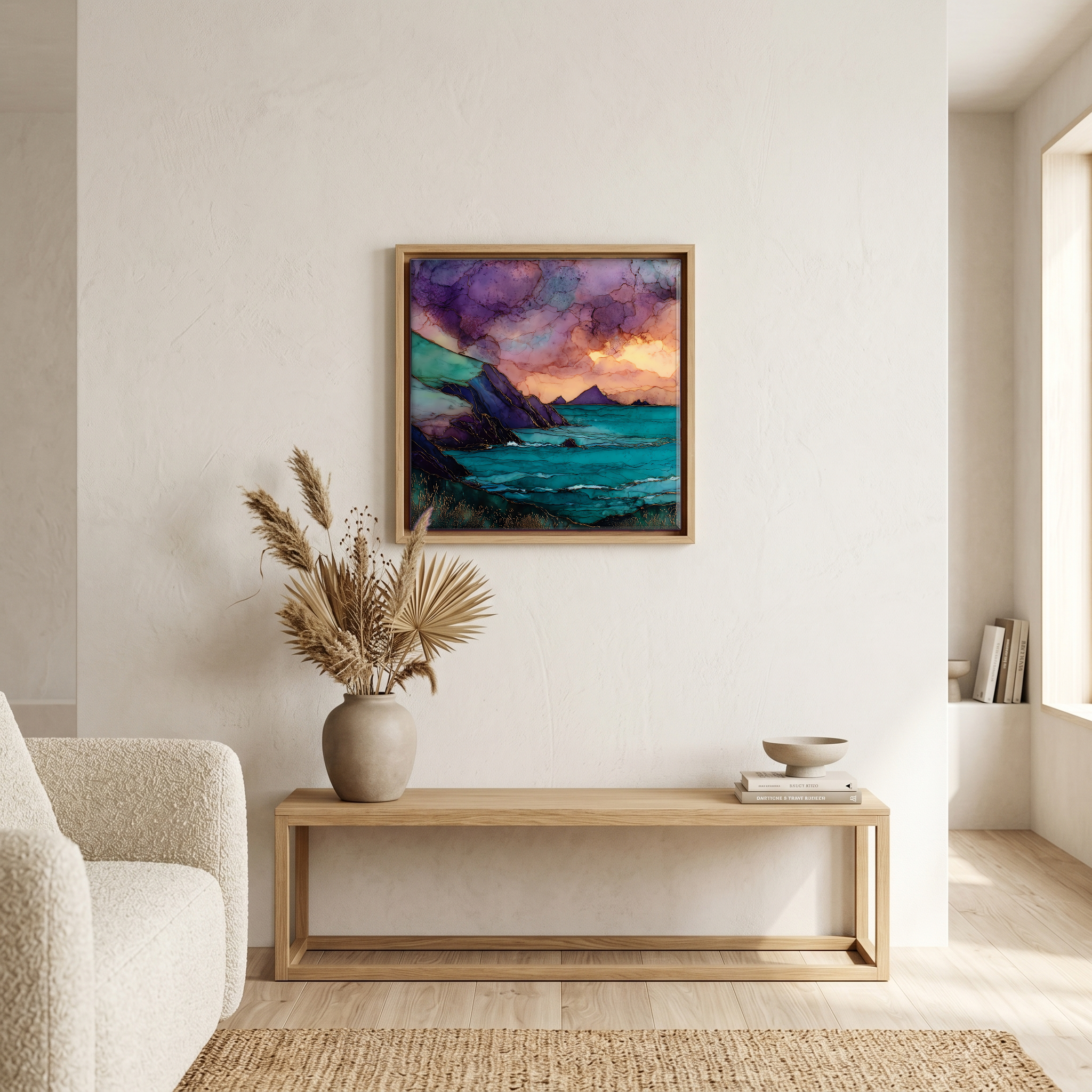 Above the bench, in a warm oak surround.