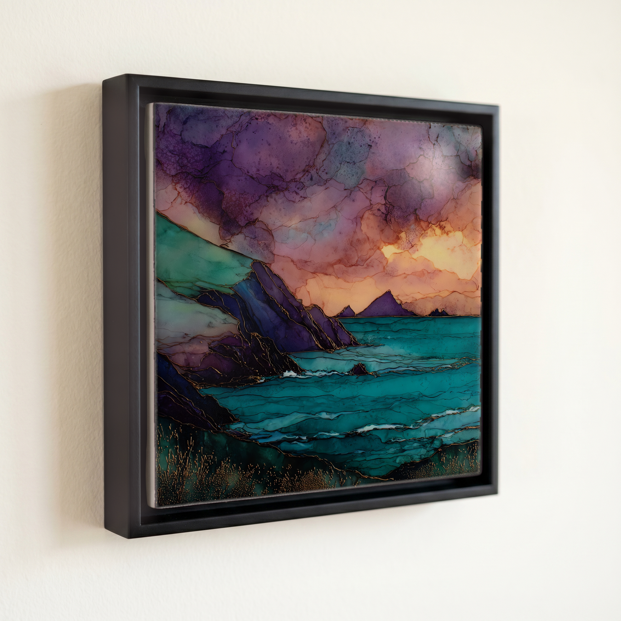 shown in a slim black floating frame · 6 × 6 in