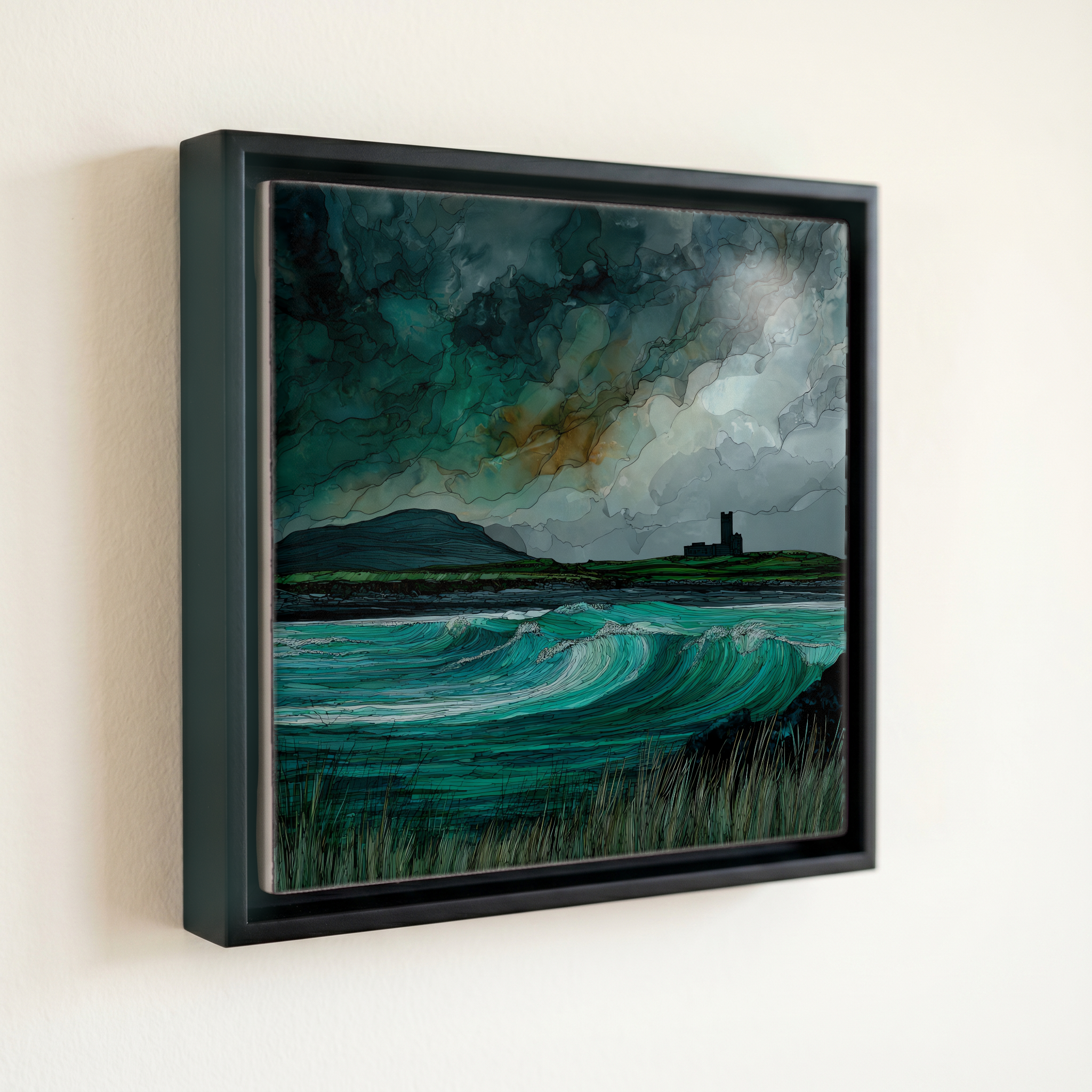 shown in a slim black floating frame · 6 × 6 in