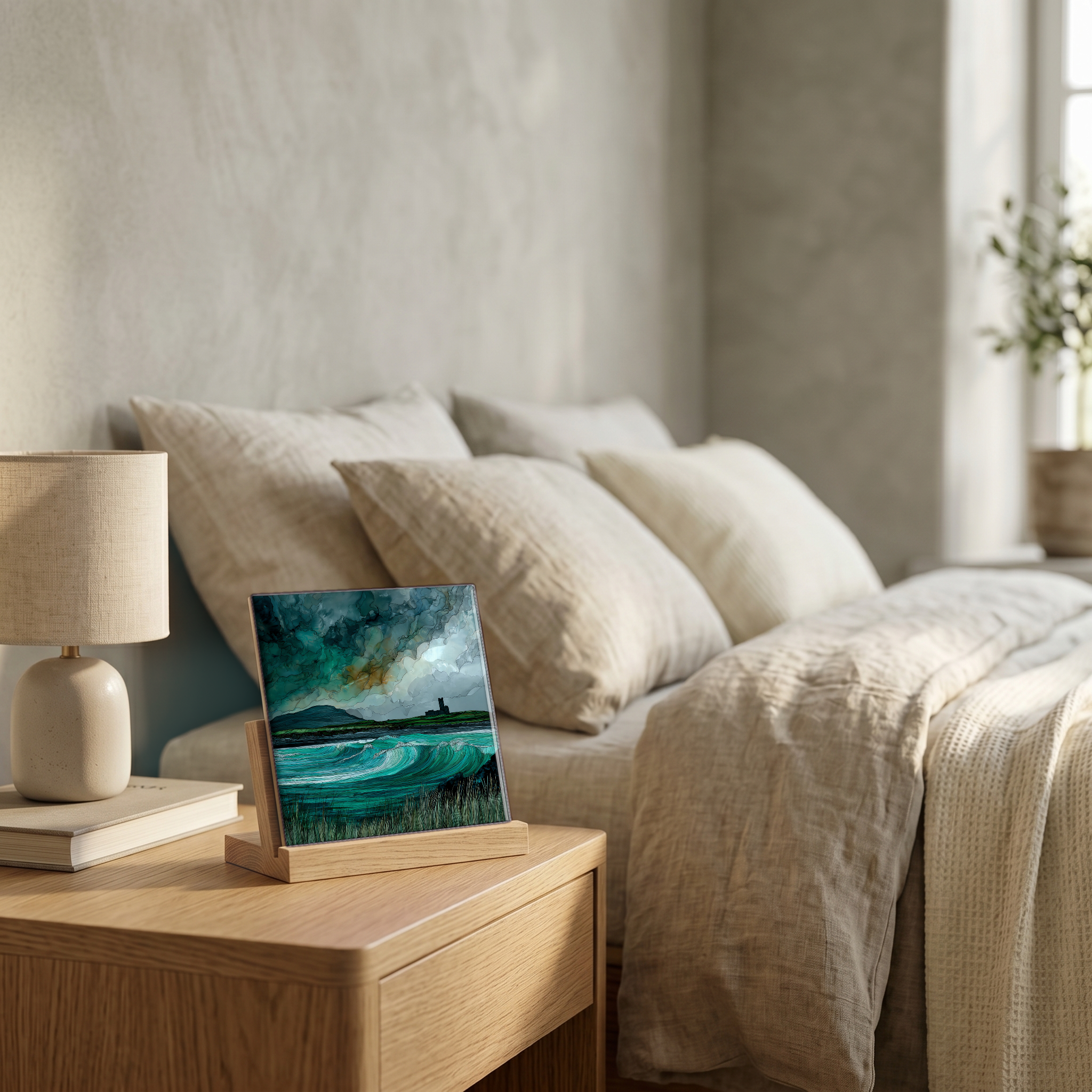 On the nightstand, on a light oak stand.