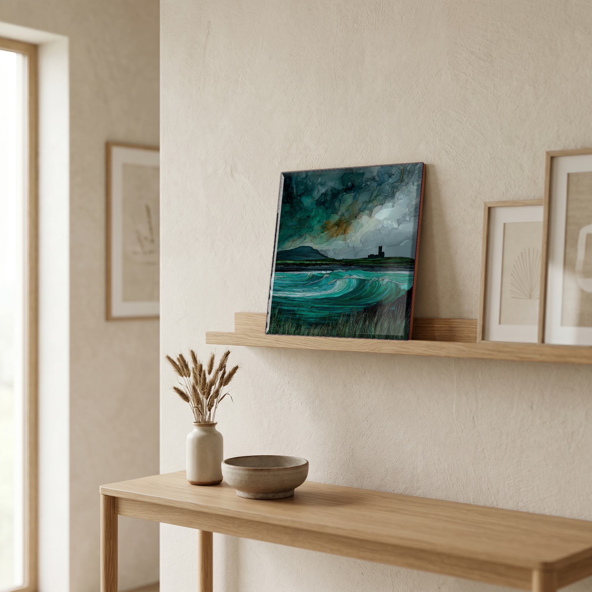 On a picture ledge, where the light comes in.