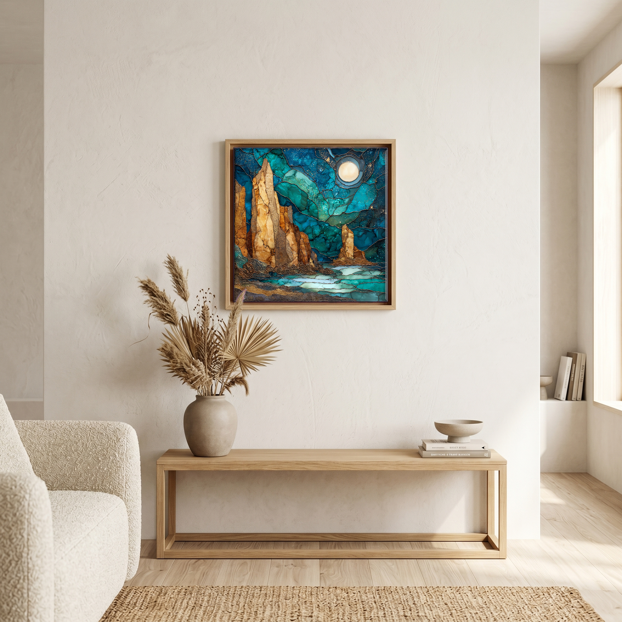 Above the bench, in a warm oak surround.