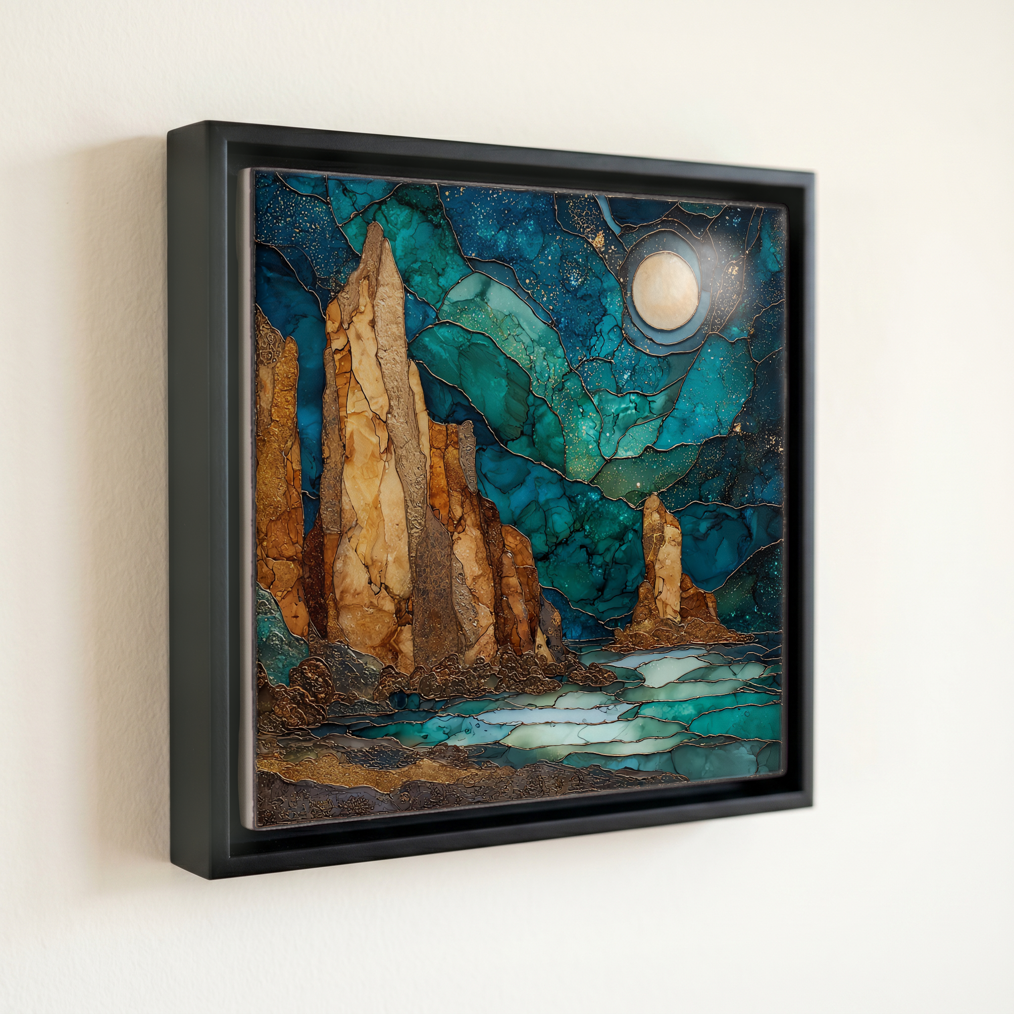 shown in a slim black floating frame · 6 × 6 in