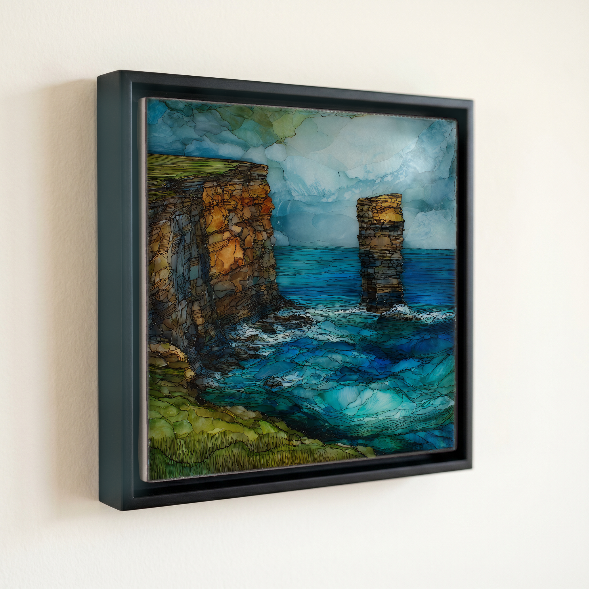 shown in a slim black floating frame · 6 × 6 in