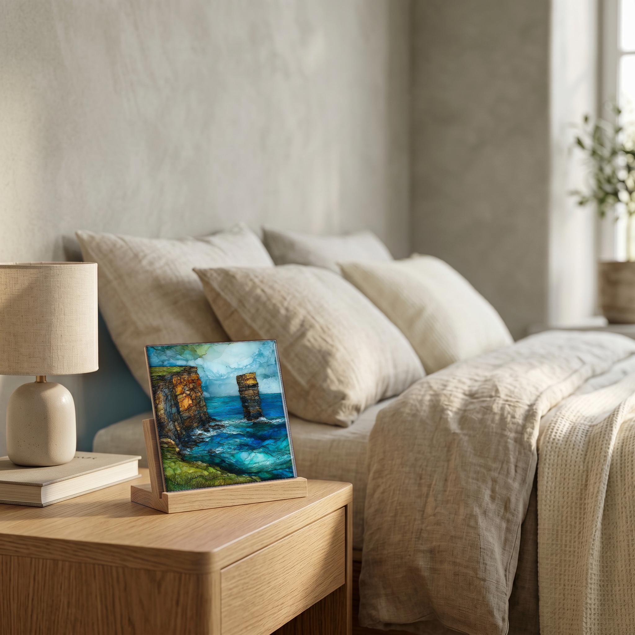 On the nightstand, on a light oak stand.