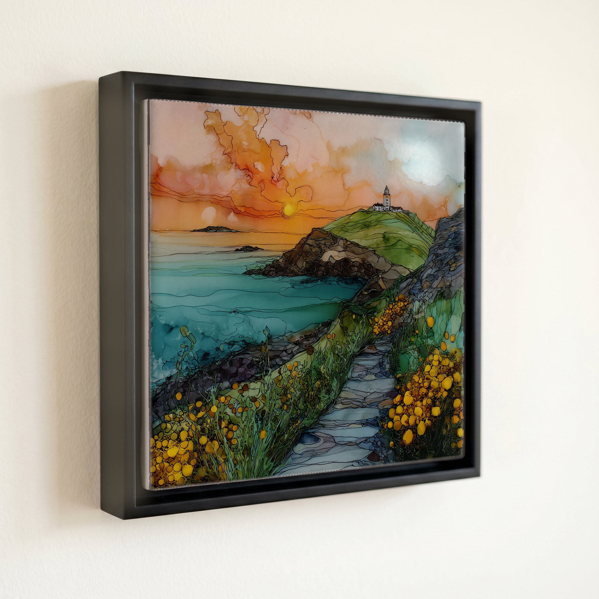 shown in a slim black floating frame · 6 × 6 in