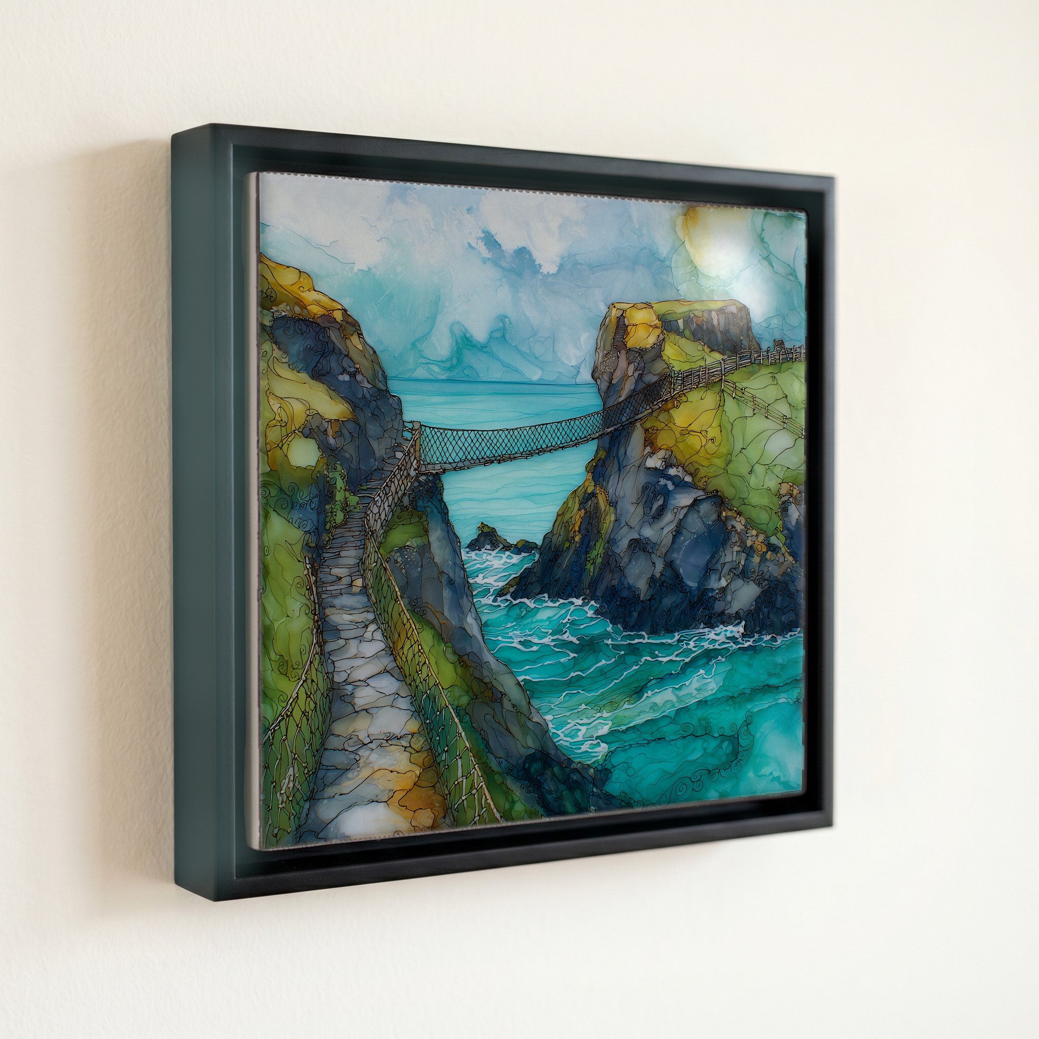 shown in a slim black floating frame · 6 × 6 in
