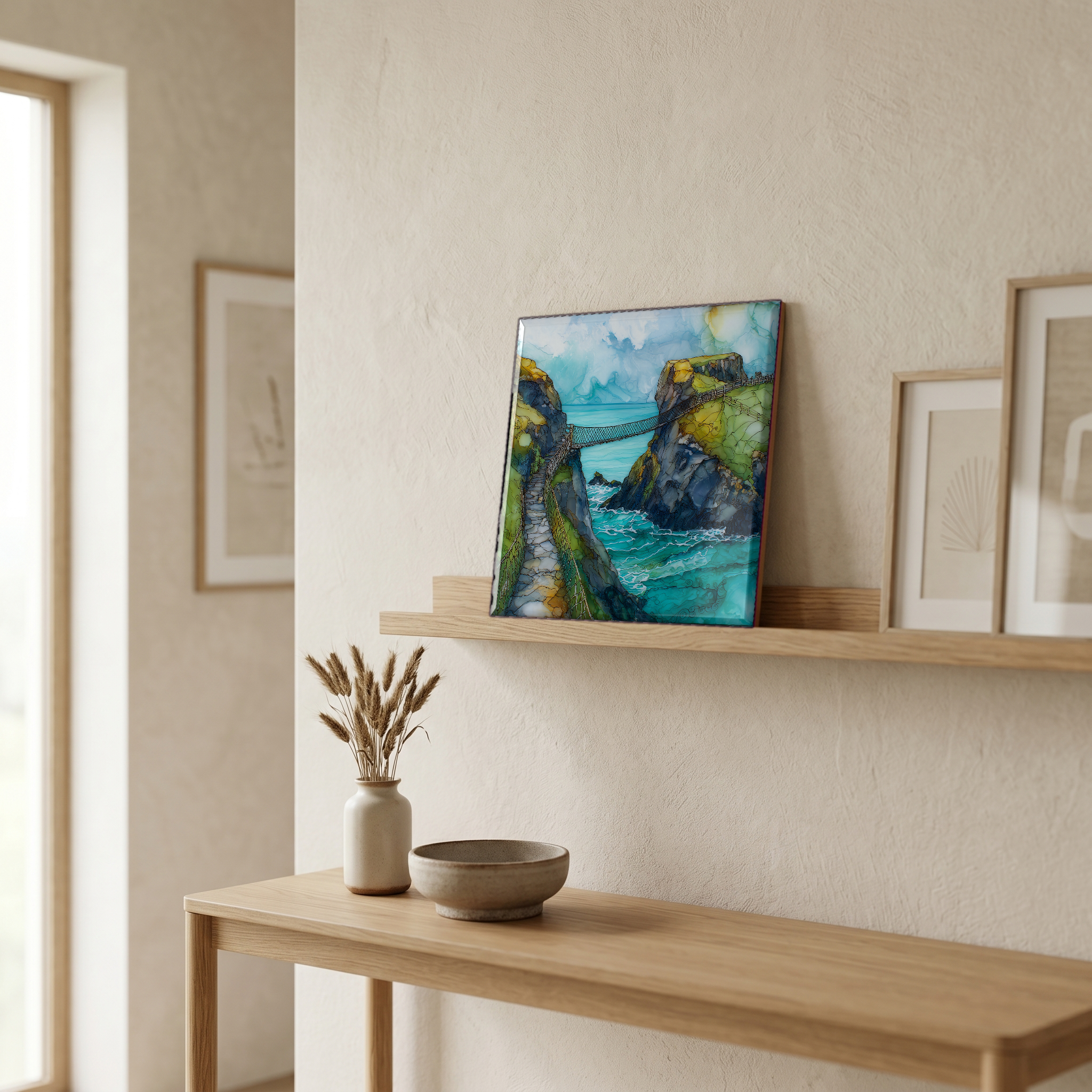 On a picture ledge, where the light comes in.