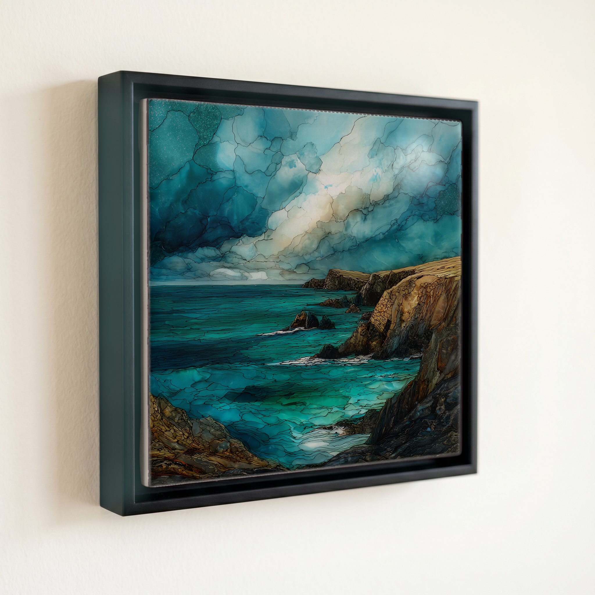 shown in a slim black floating frame · 6 × 6 in