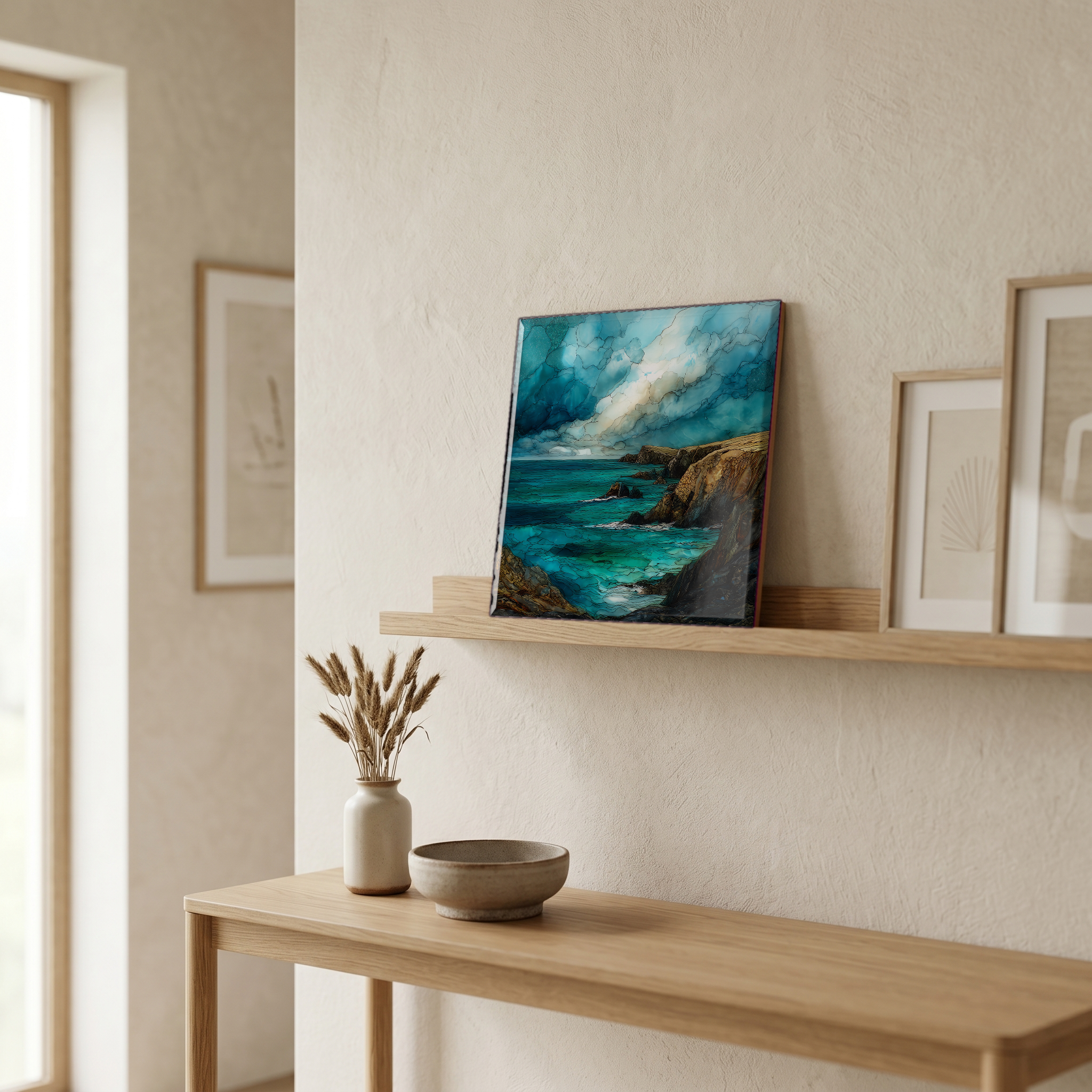 On a picture ledge, where the light comes in.