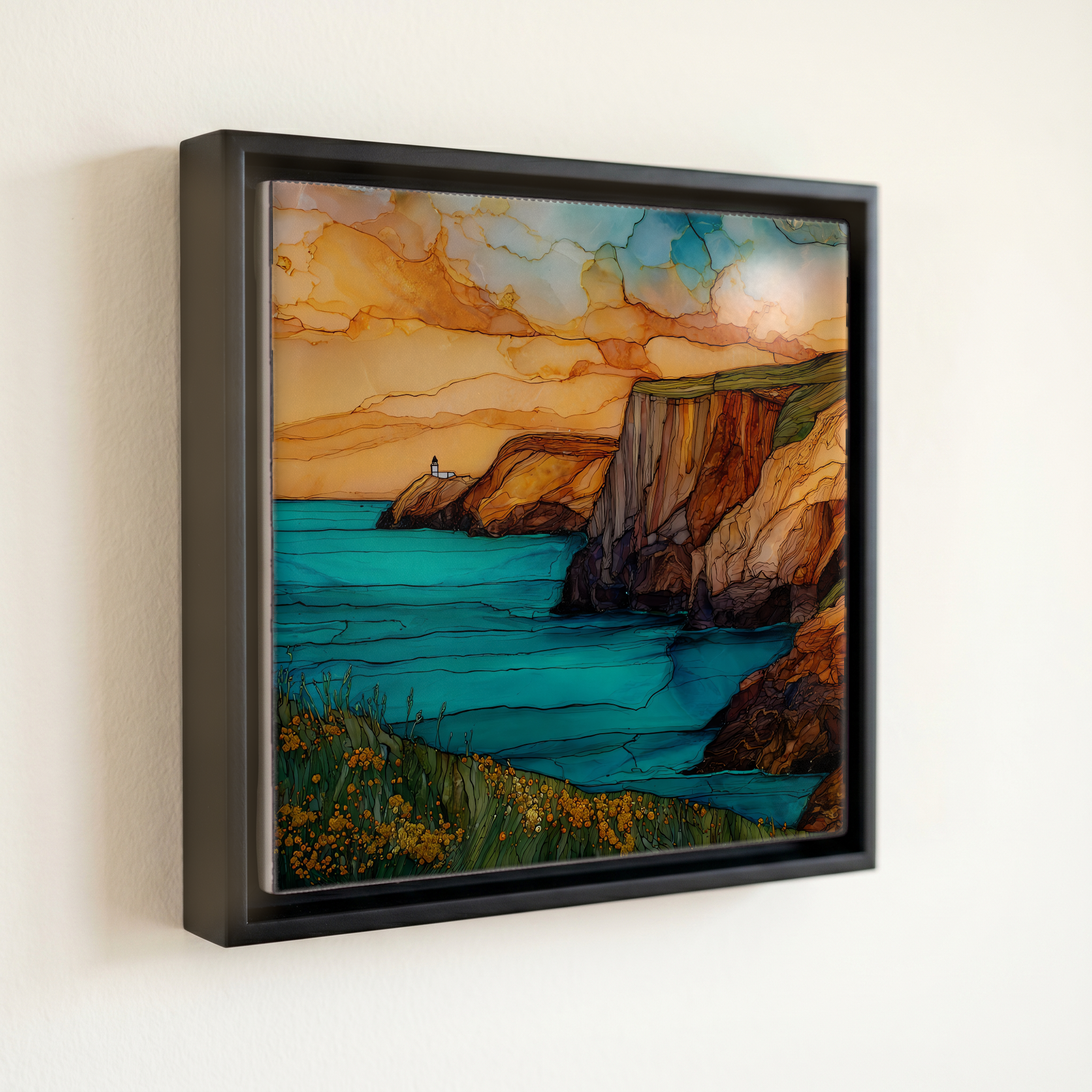shown in a slim black floating frame · 6 × 6 in