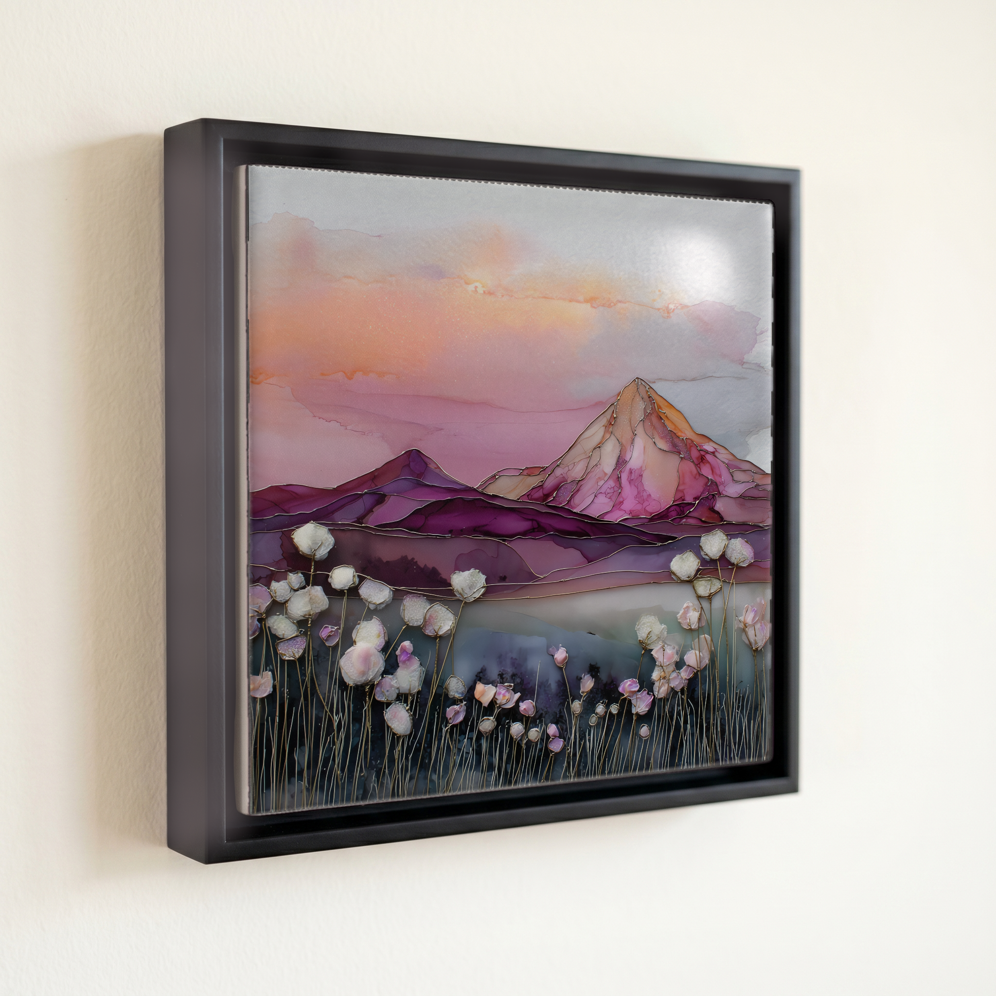 shown in a slim black floating frame · 6 × 6 in
