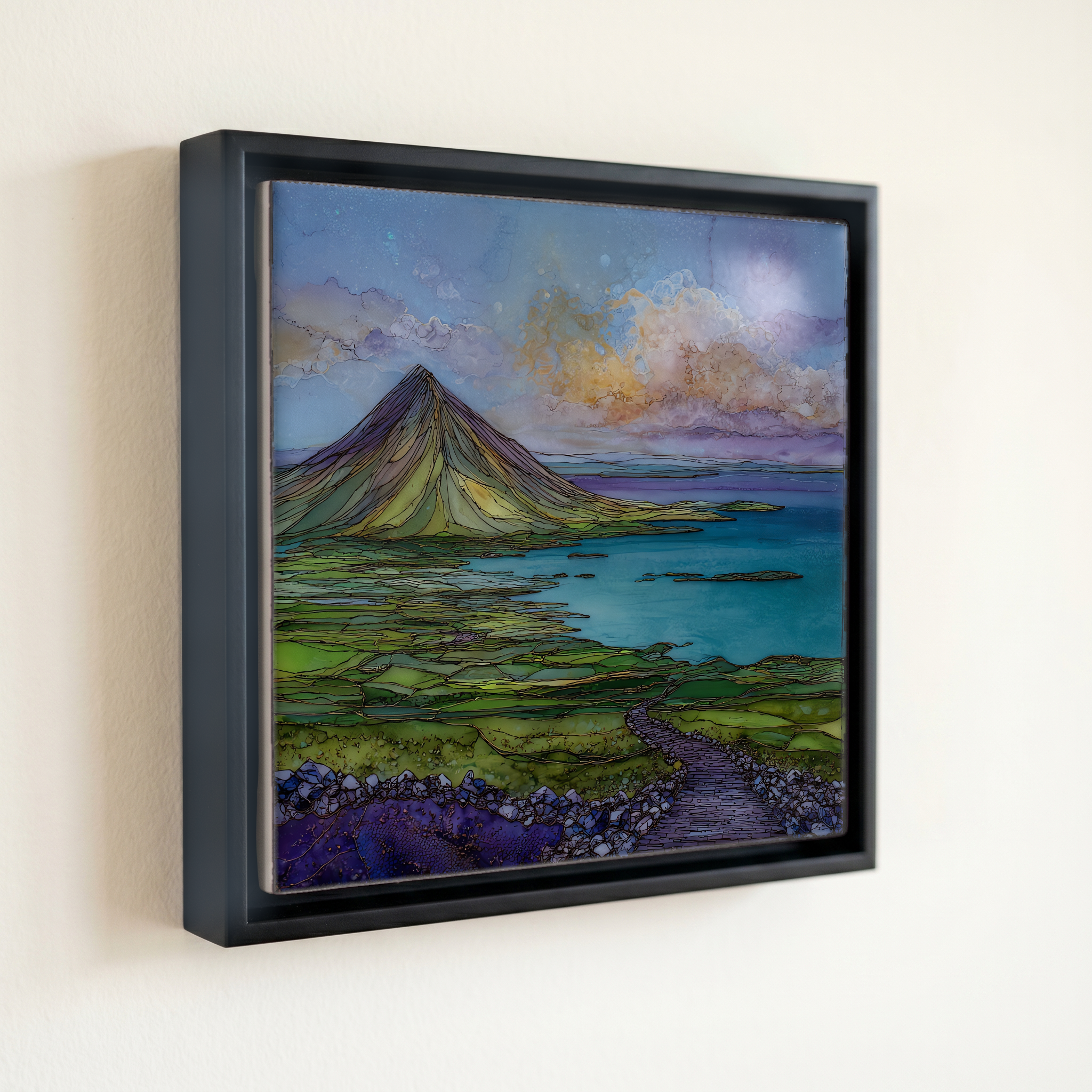 shown in a slim black floating frame · 6 × 6 in