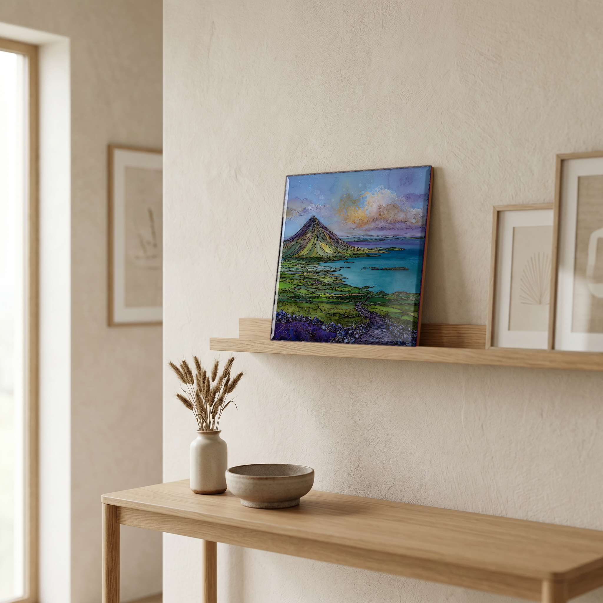 On a picture ledge, where the light comes in.