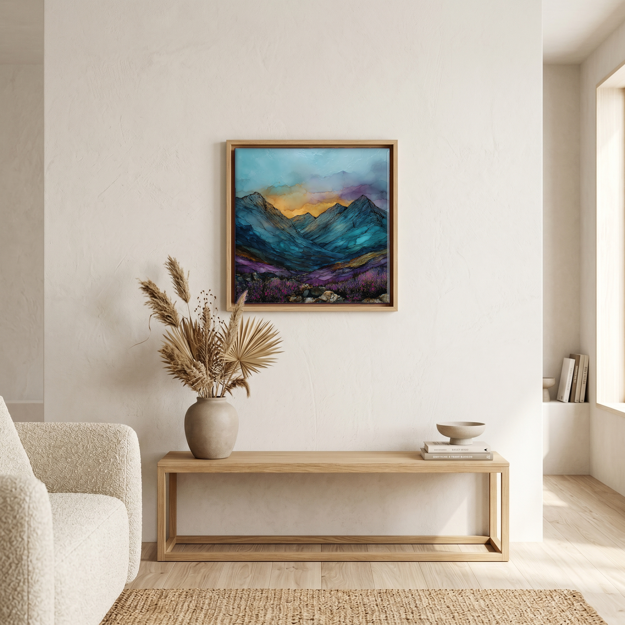 Above the bench, in a warm oak surround.