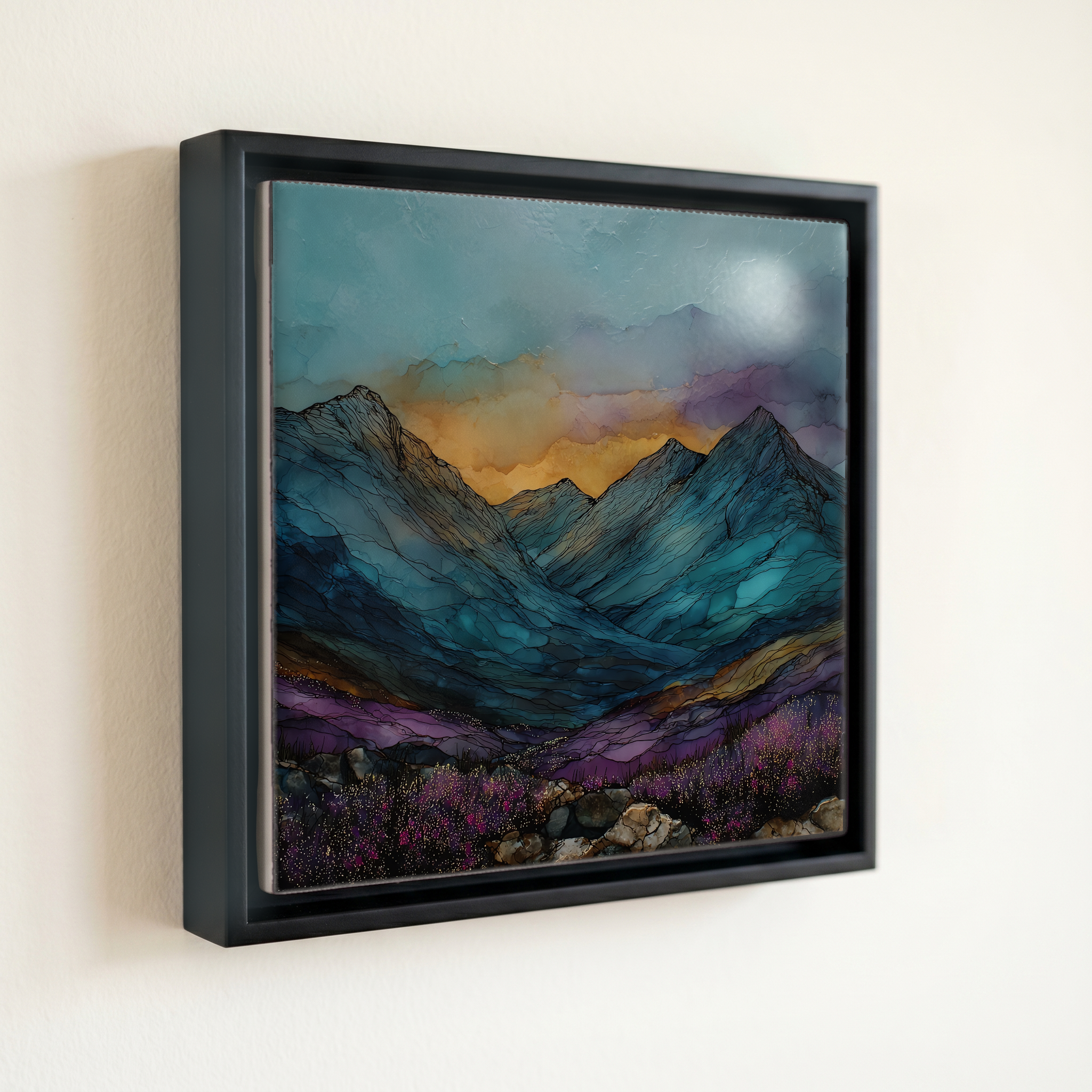 shown in a slim black floating frame · 6 × 6 in