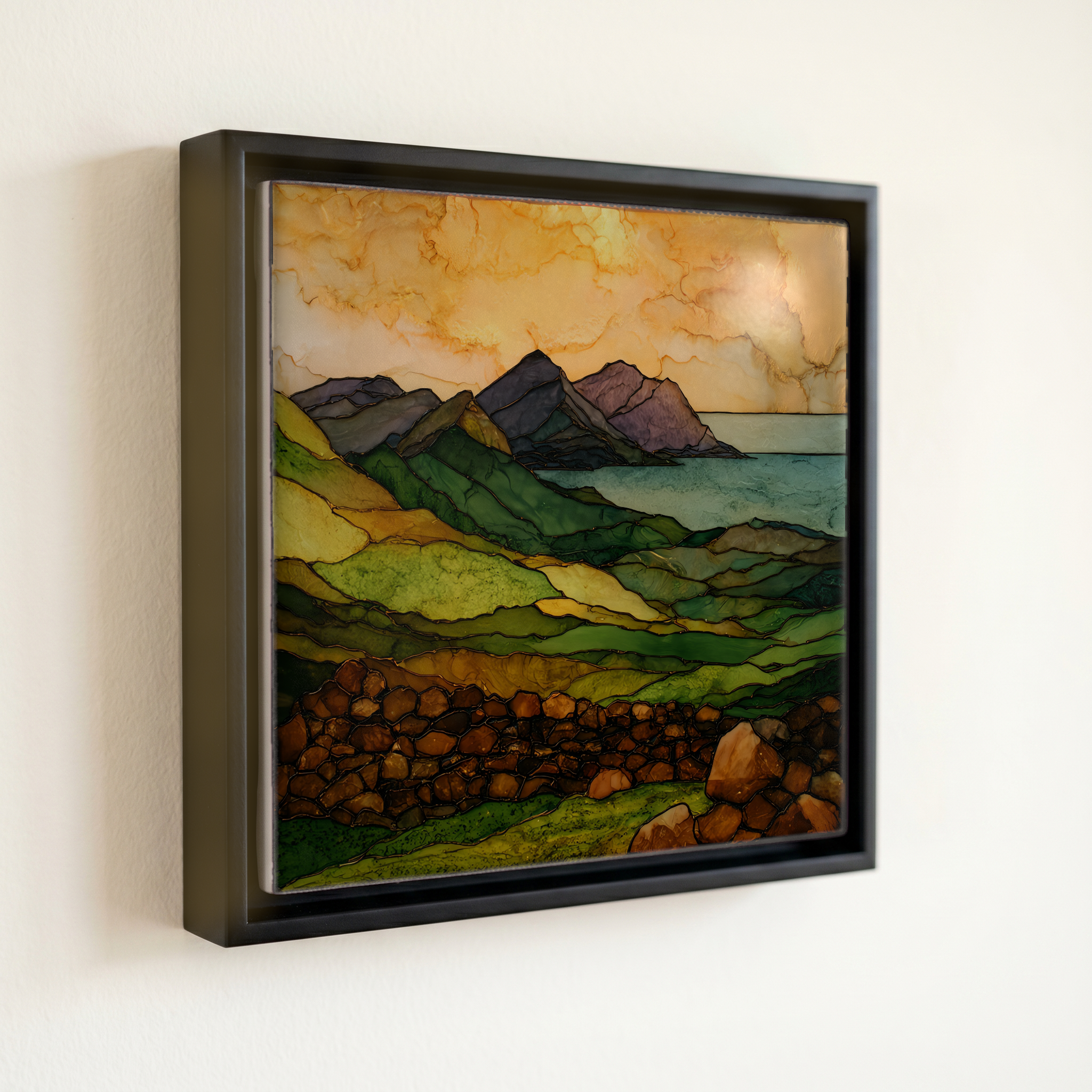shown in a slim black floating frame · 6 × 6 in