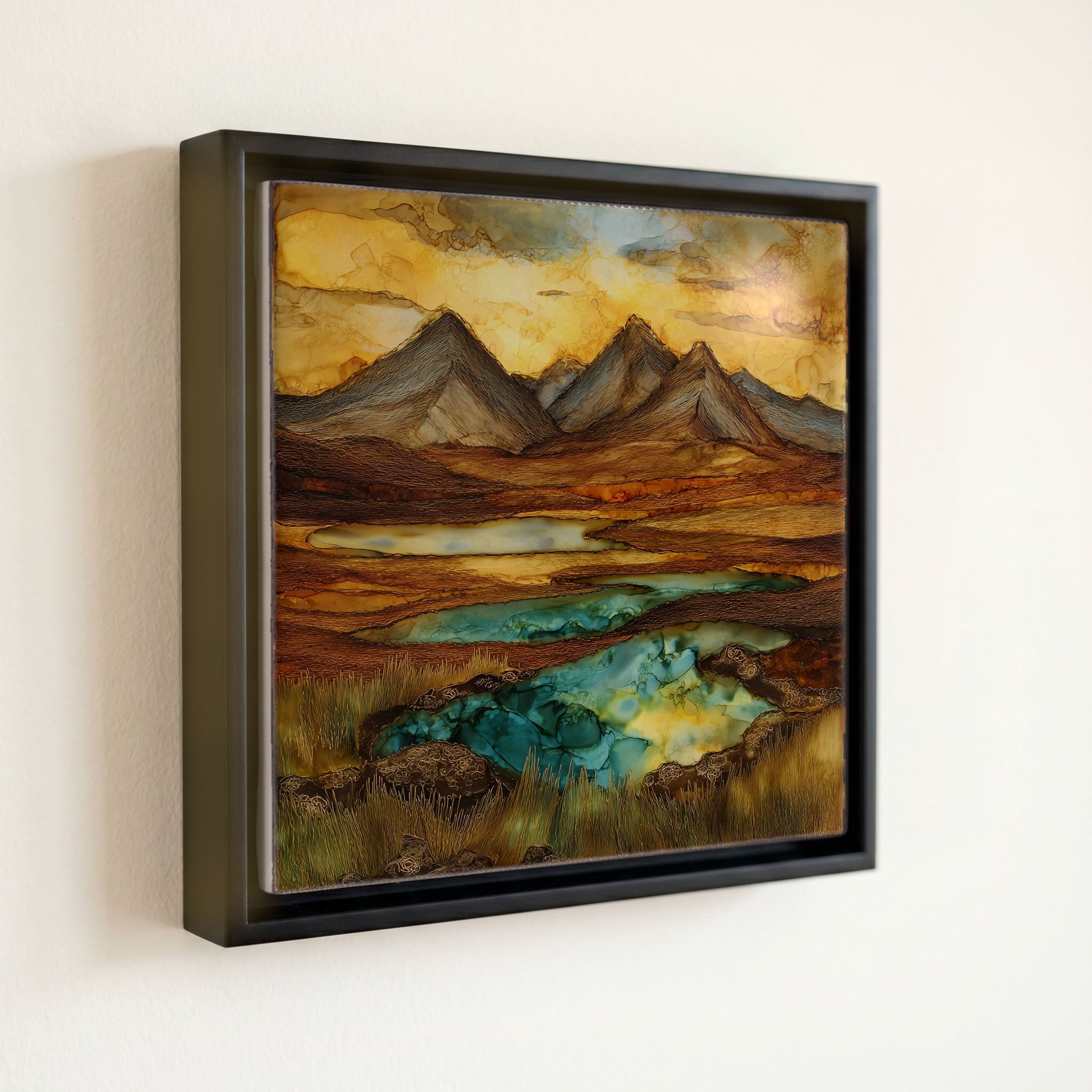 shown in a slim black floating frame · 6 × 6 in