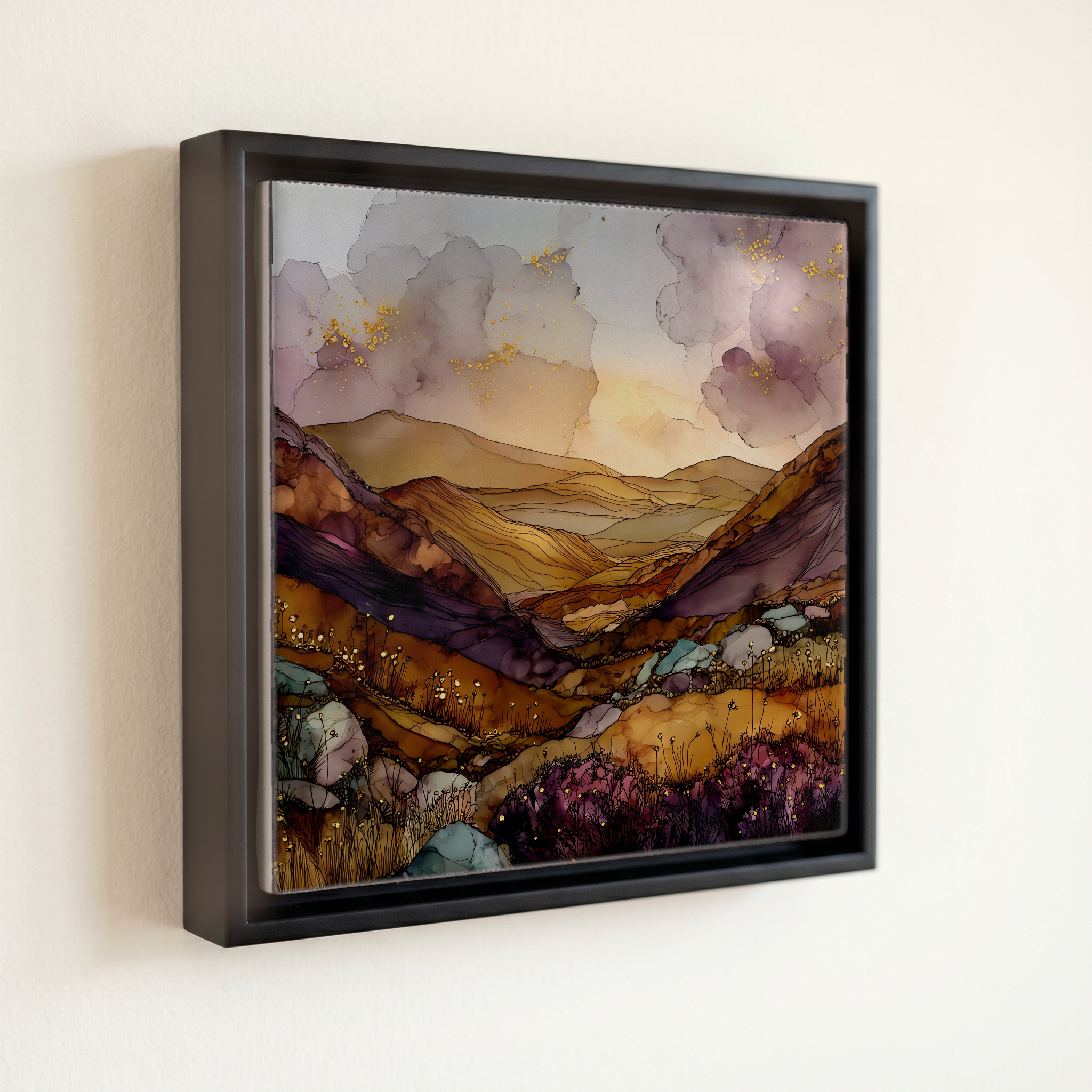 shown in a slim black floating frame · 6 × 6 in