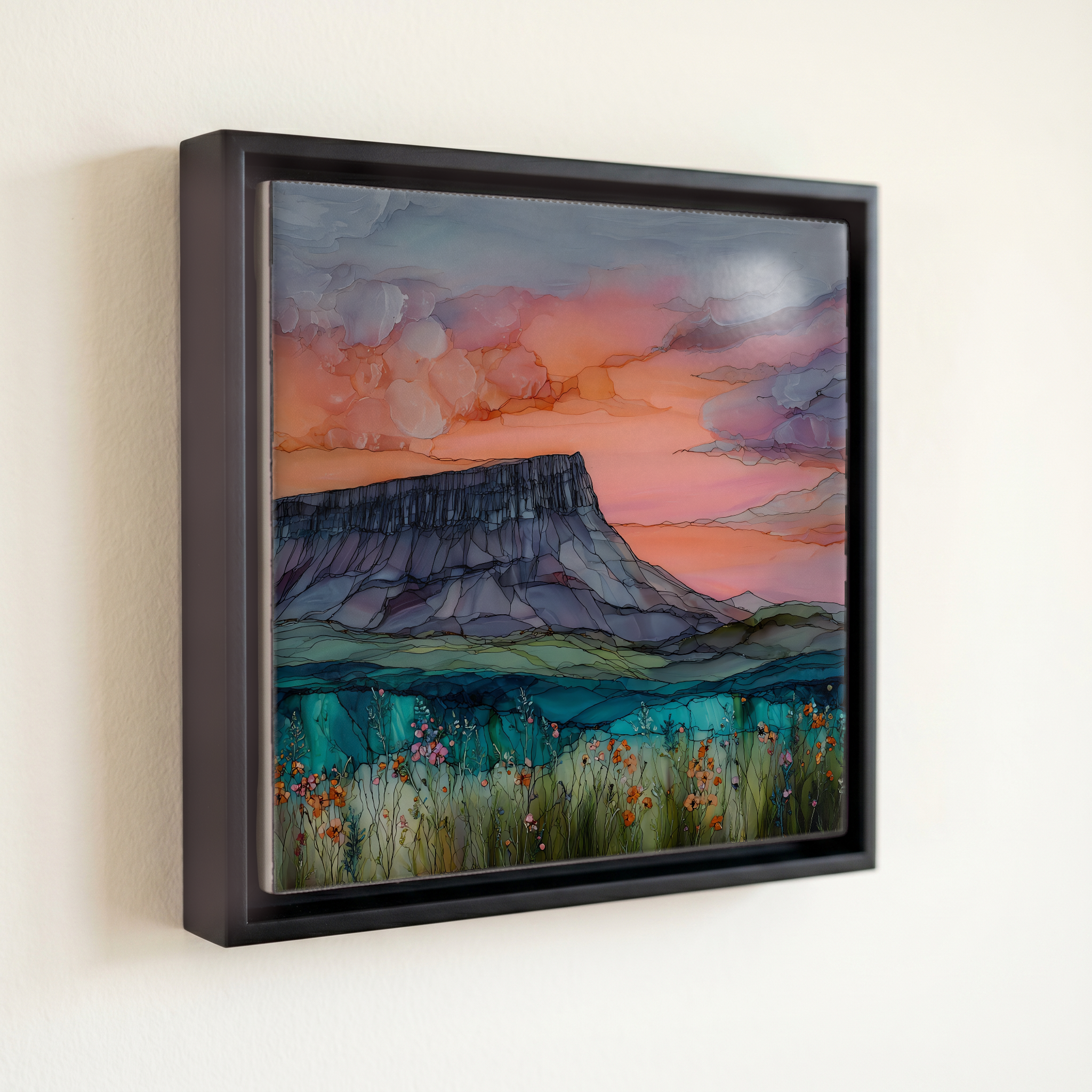 shown in a slim black floating frame · 6 × 6 in