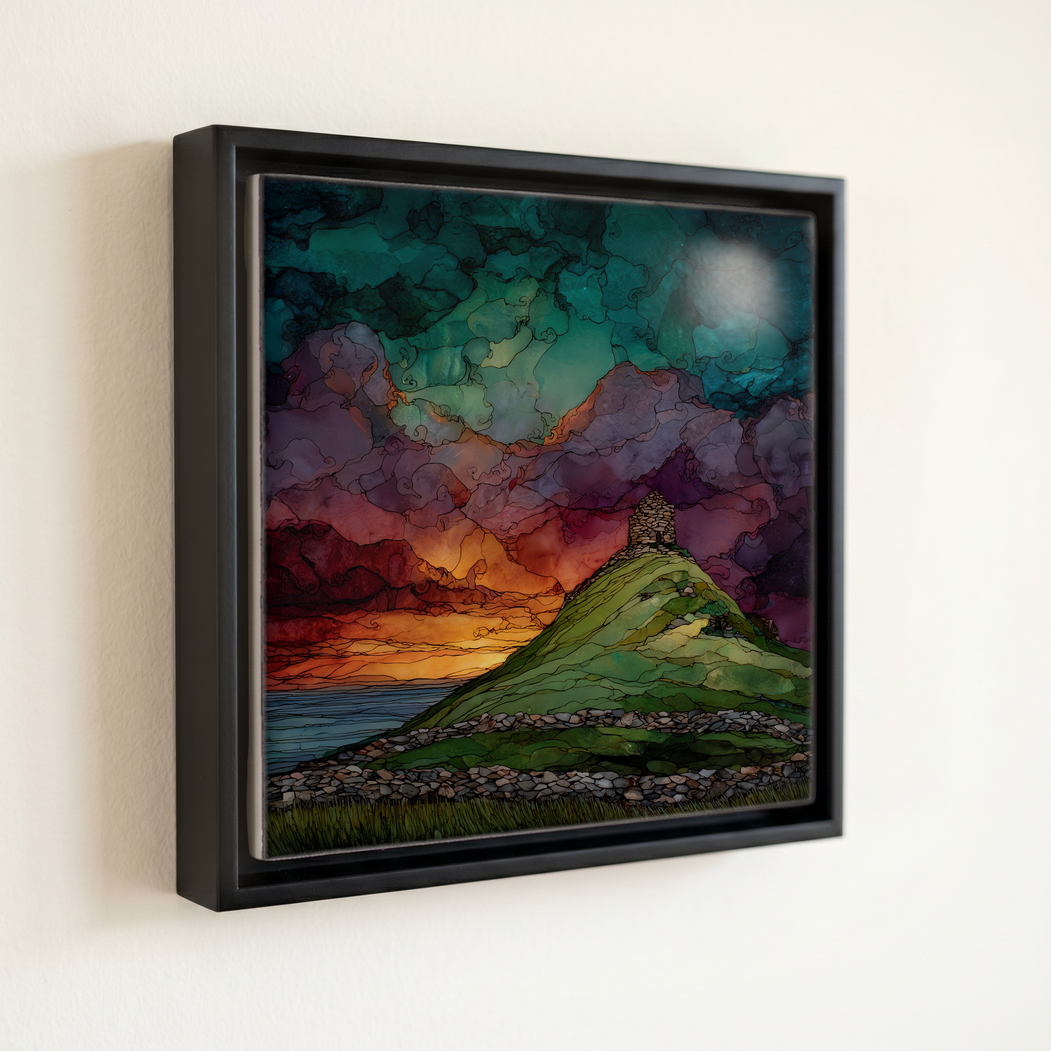 shown in a slim black floating frame · 6 × 6 in