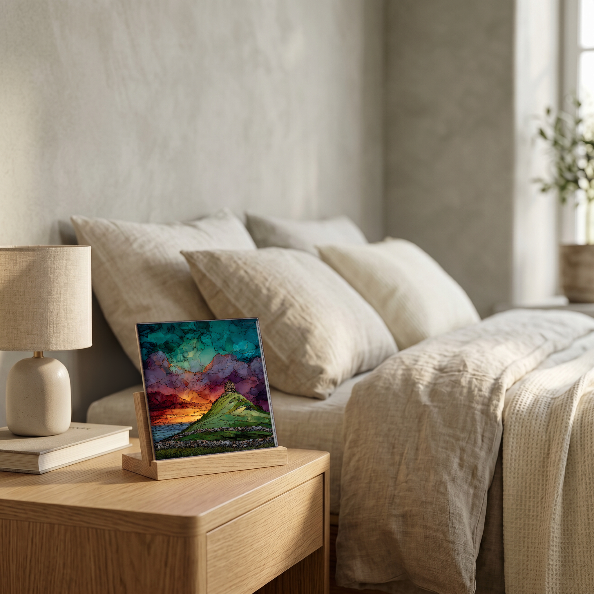 On the nightstand, on a light oak stand.
