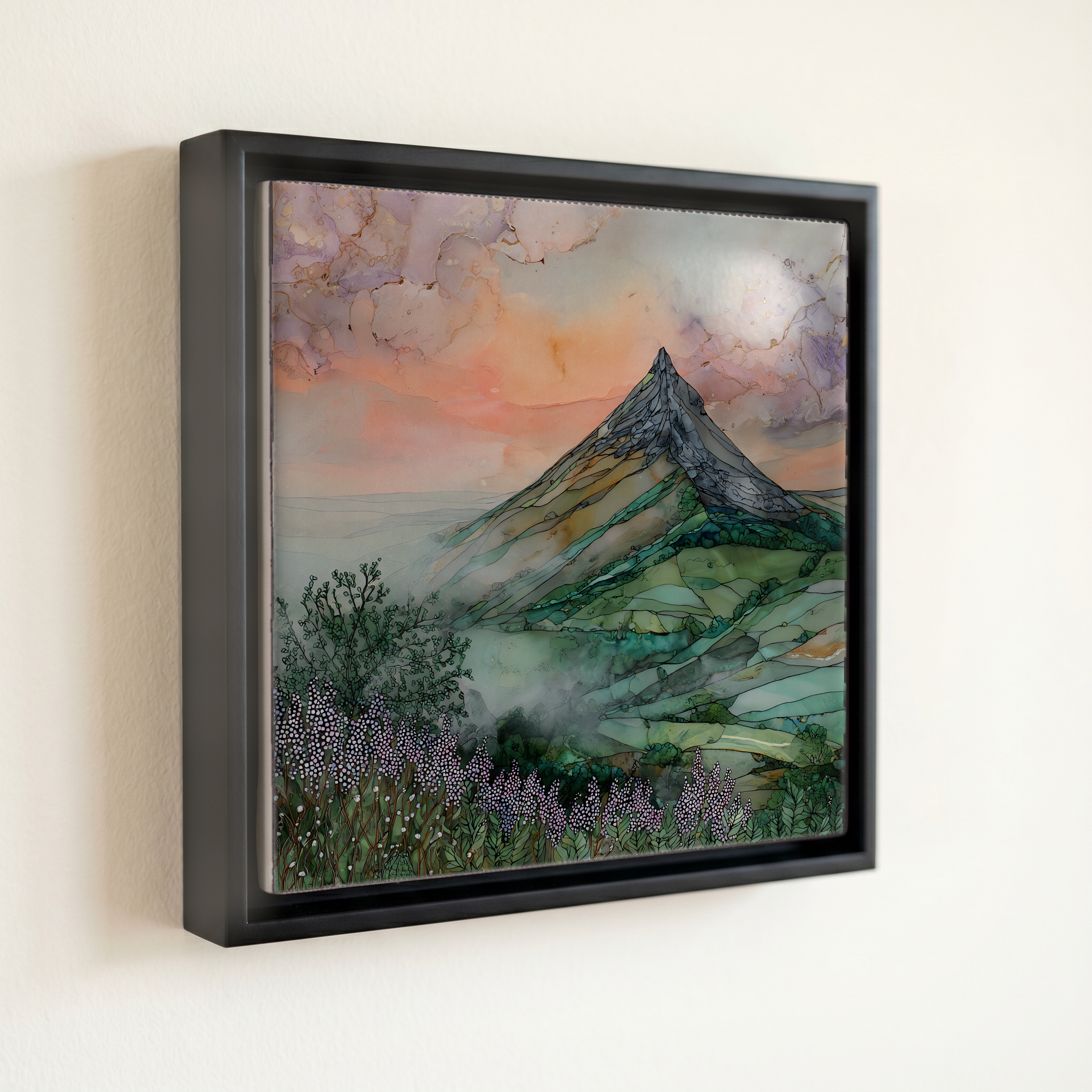 shown in a slim black floating frame · 6 × 6 in