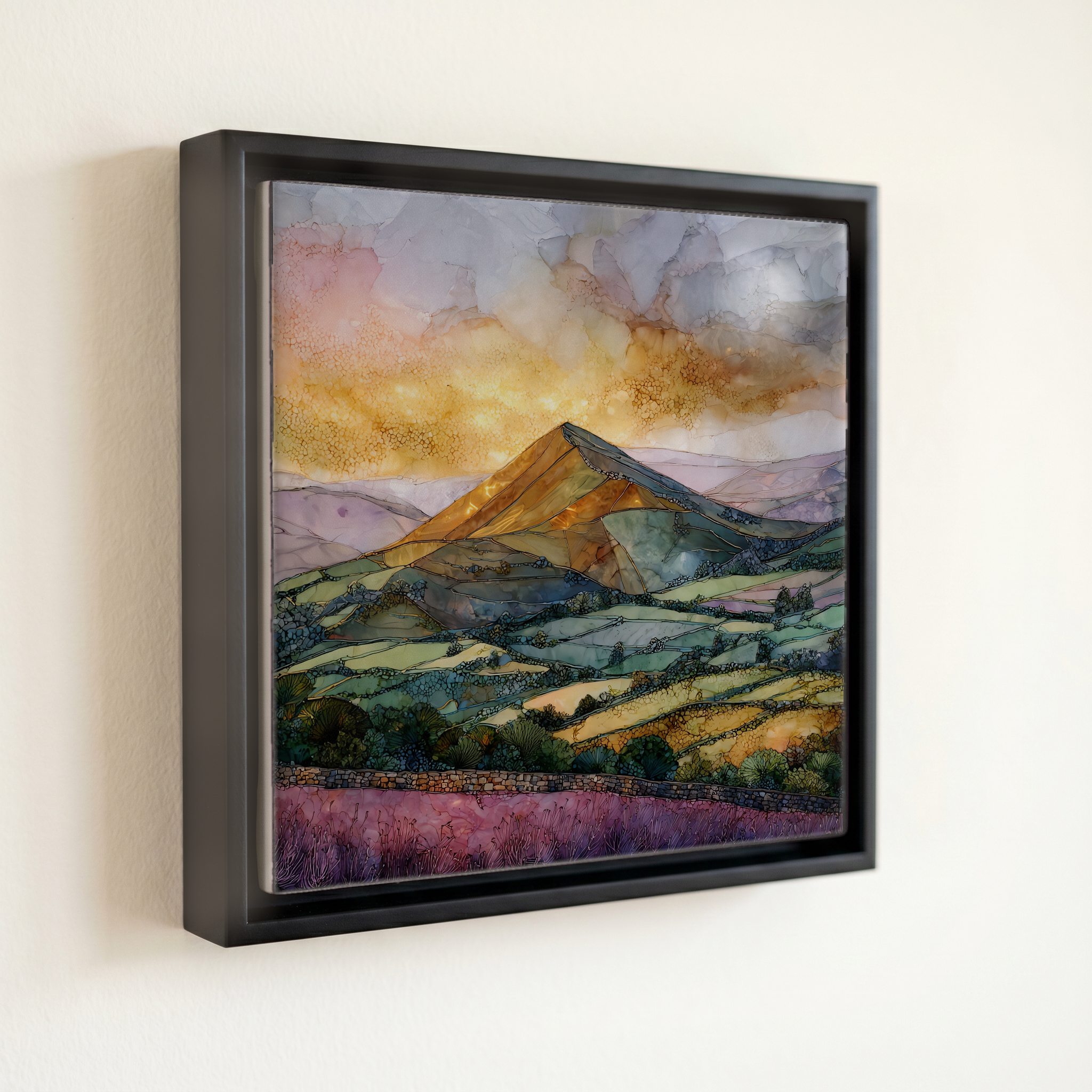 shown in a slim black floating frame · 6 × 6 in