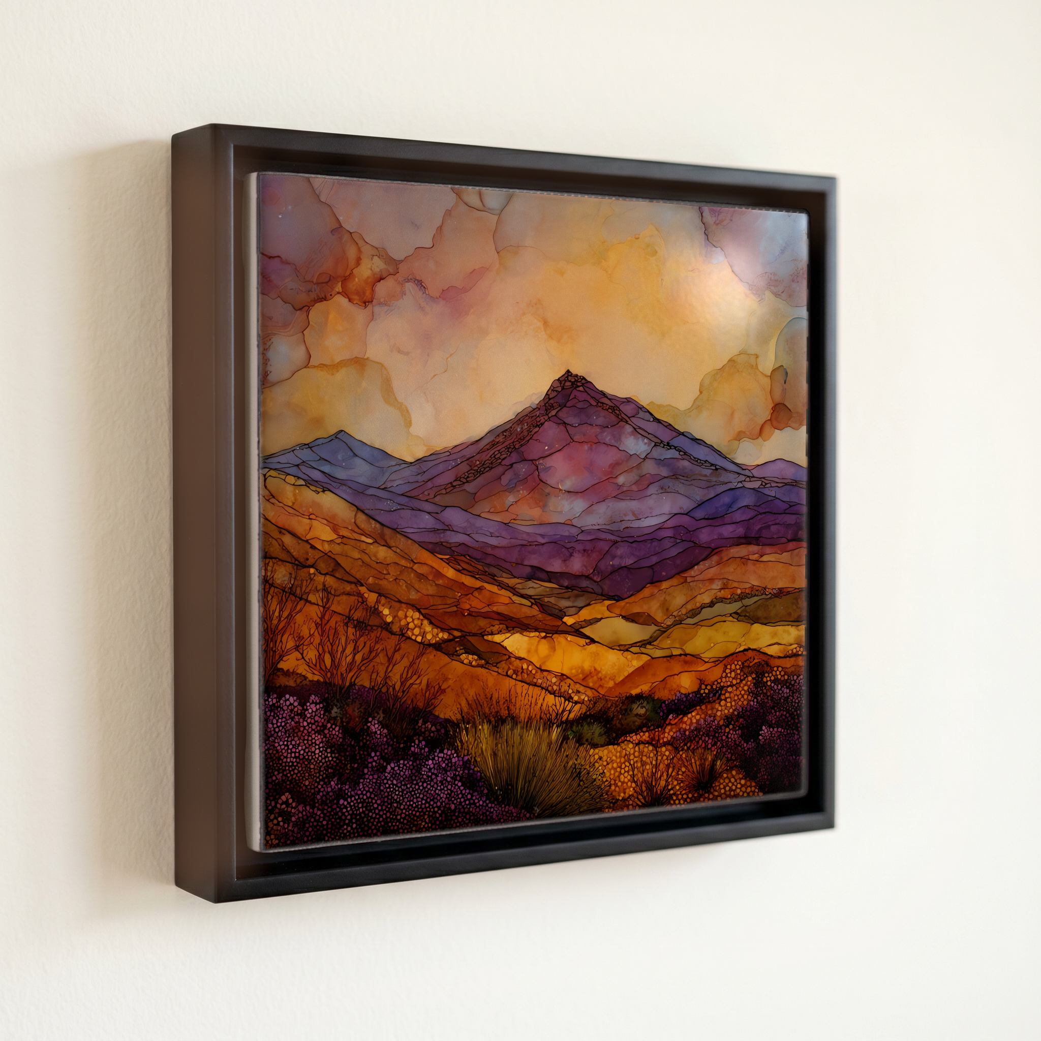 shown in a slim black floating frame · 6 × 6 in