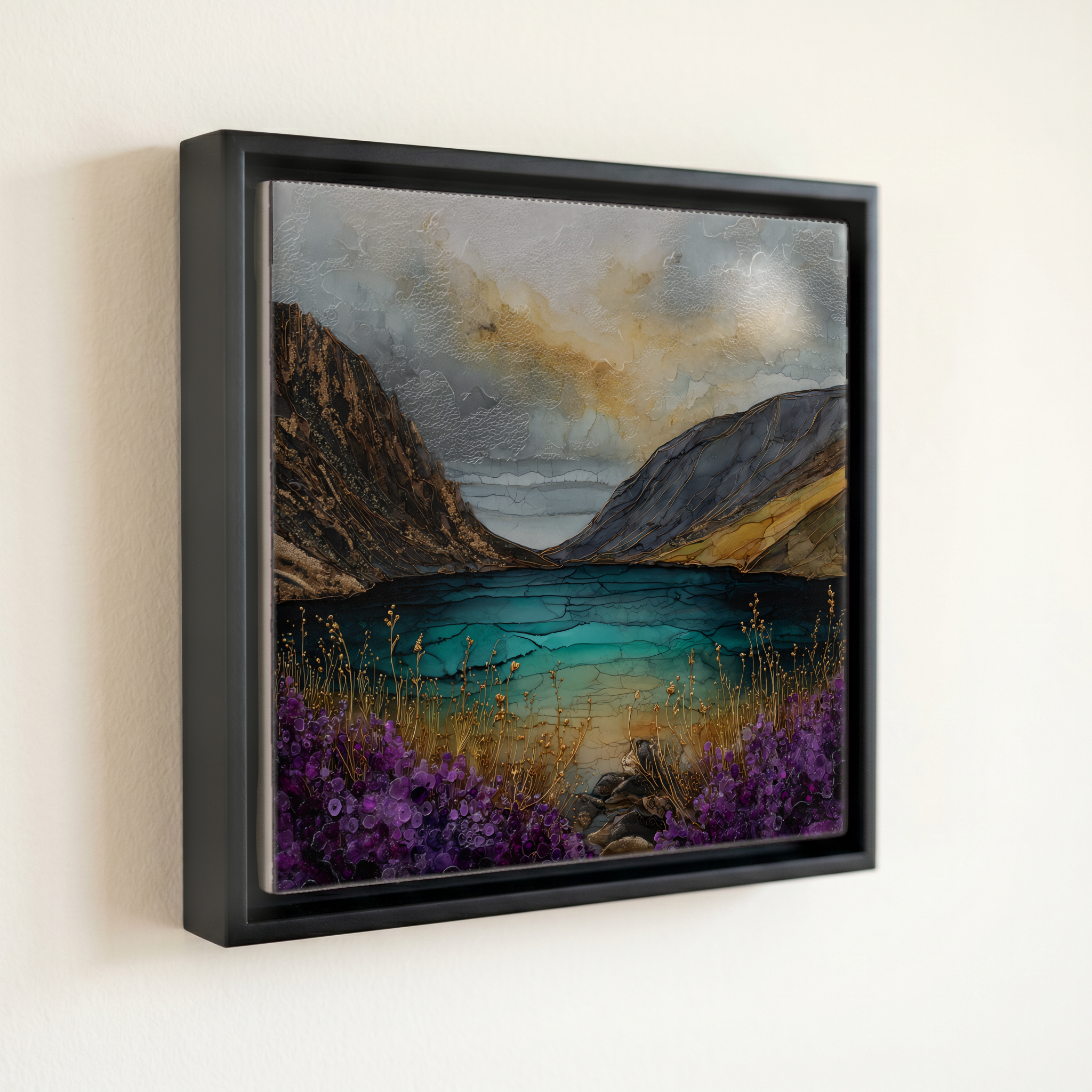shown in a slim black floating frame · 6 × 6 in