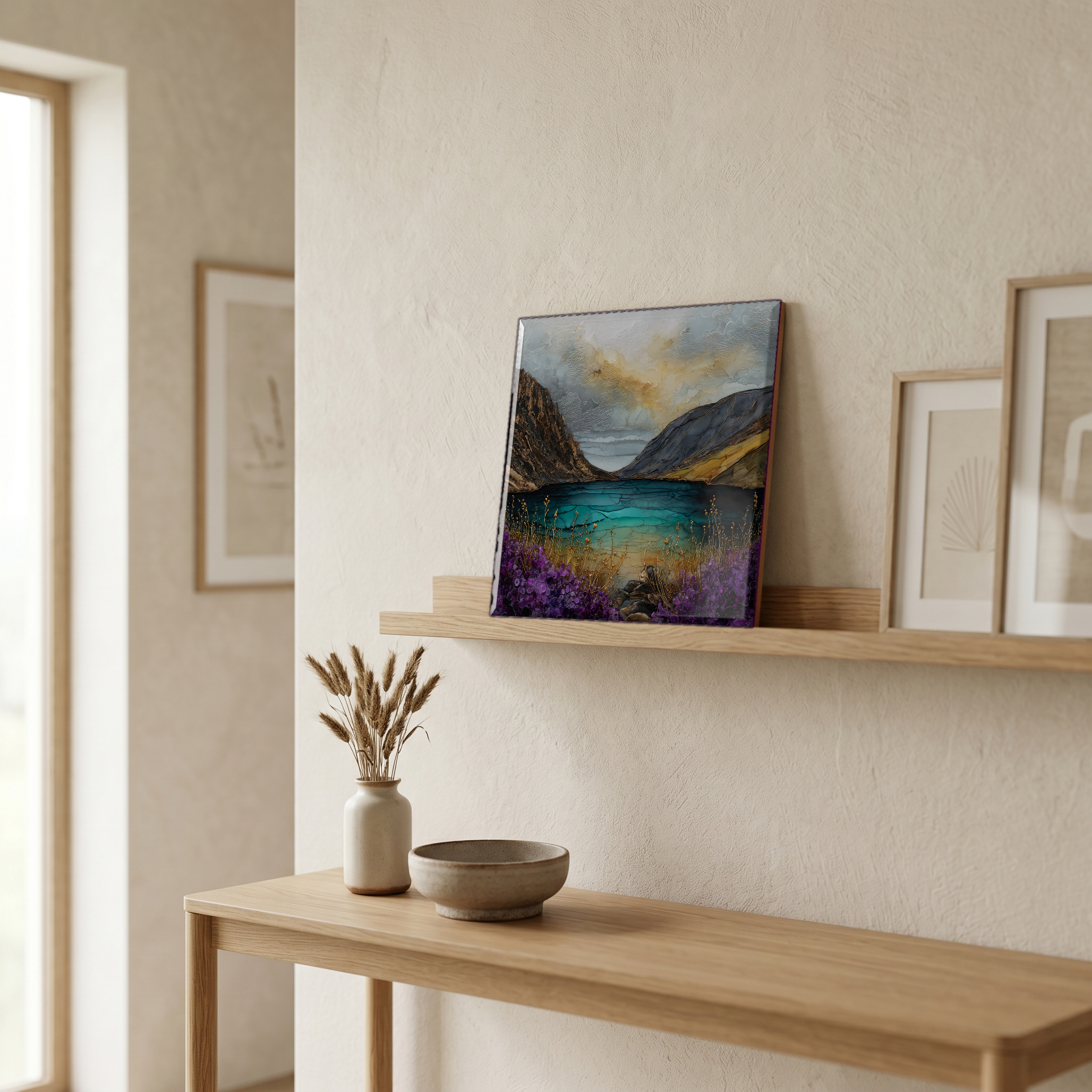 On a picture ledge, where the light comes in.