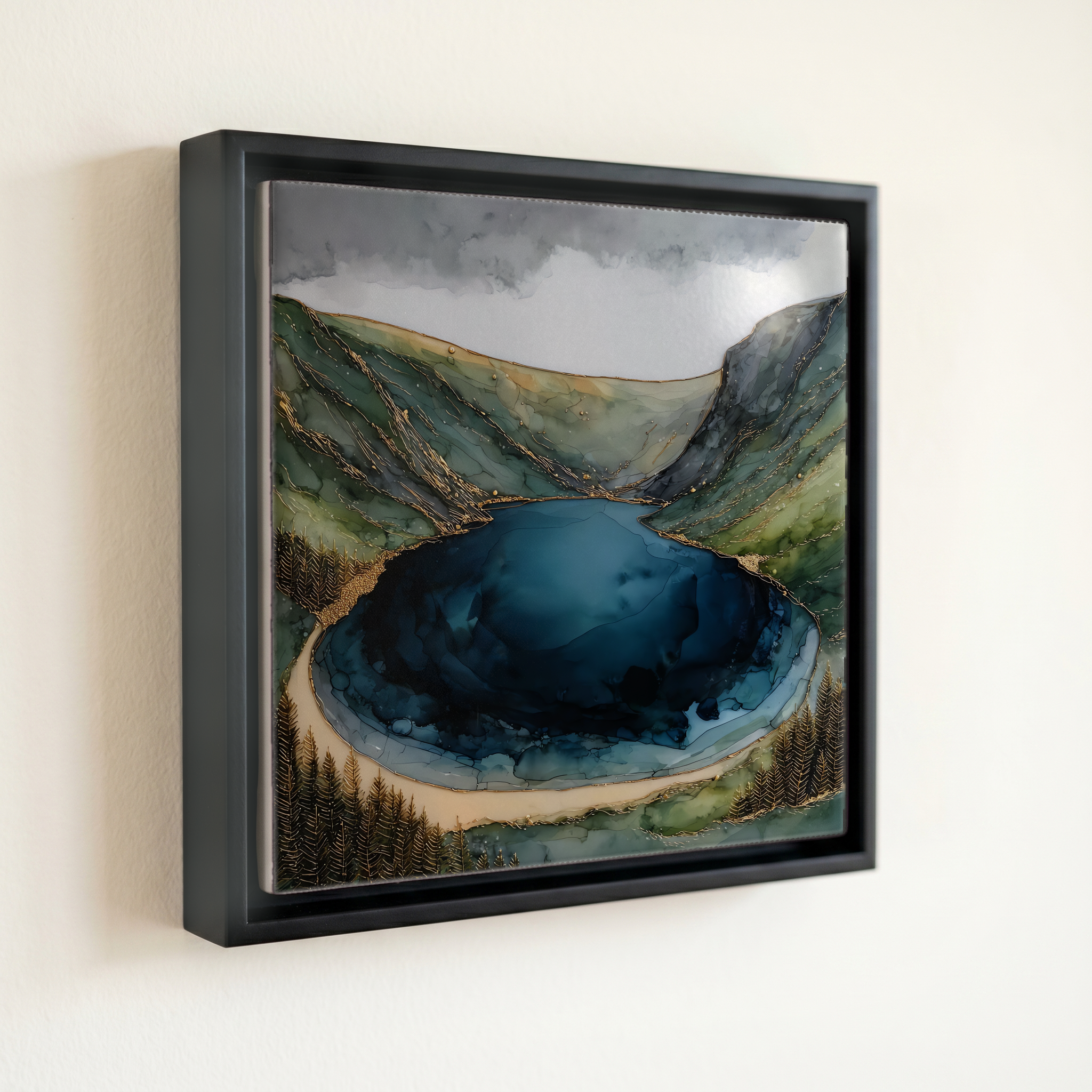 shown in a slim black floating frame · 6 × 6 in