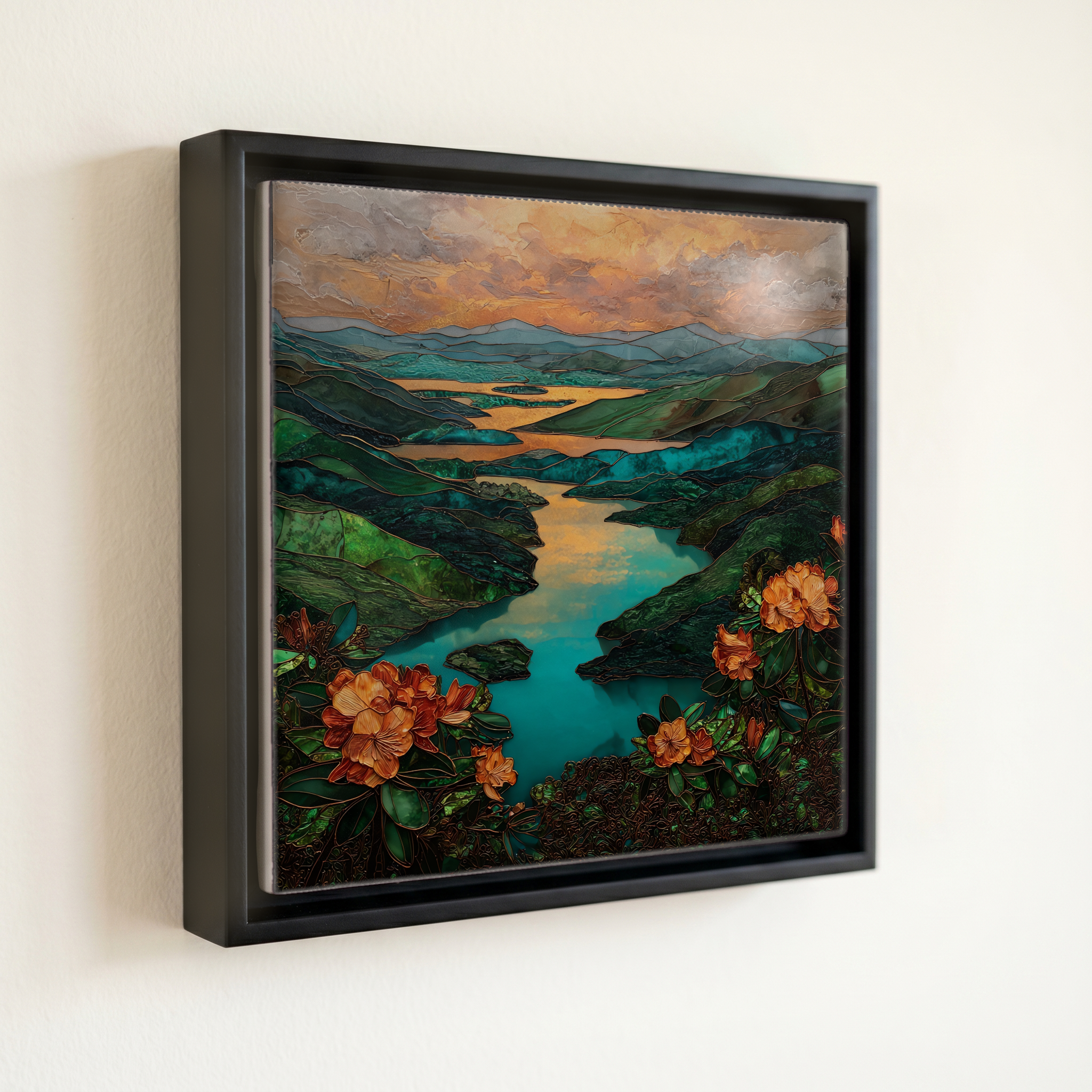 shown in a slim black floating frame · 6 × 6 in