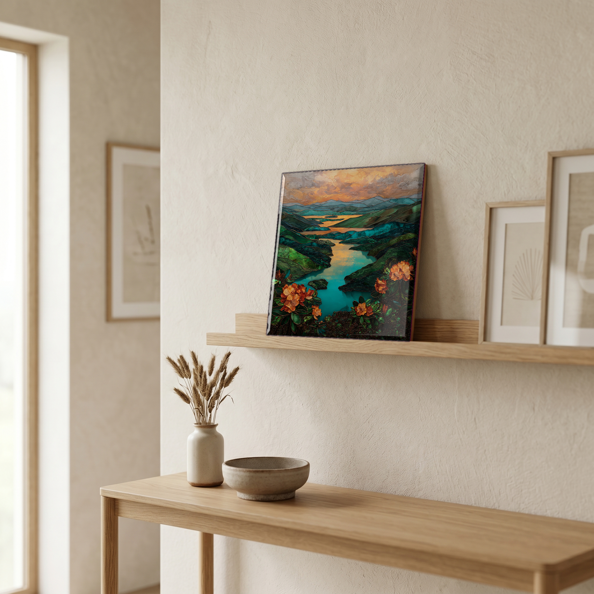 On a picture ledge, where the light comes in.
