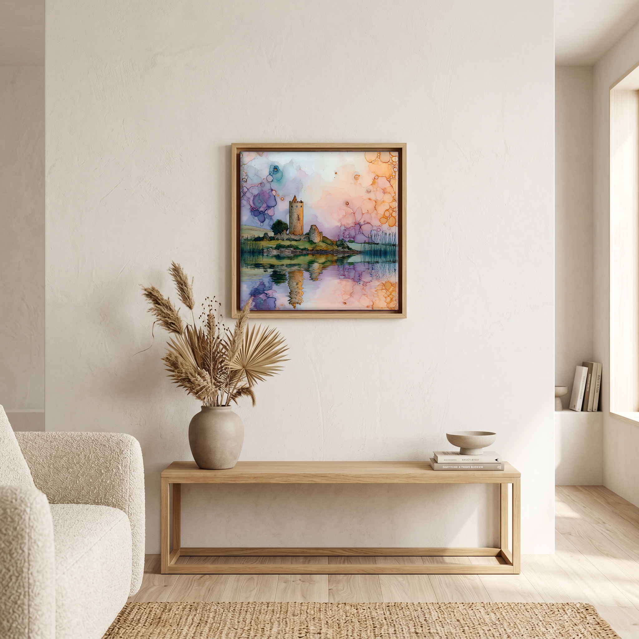 Above the bench, in a warm oak surround.