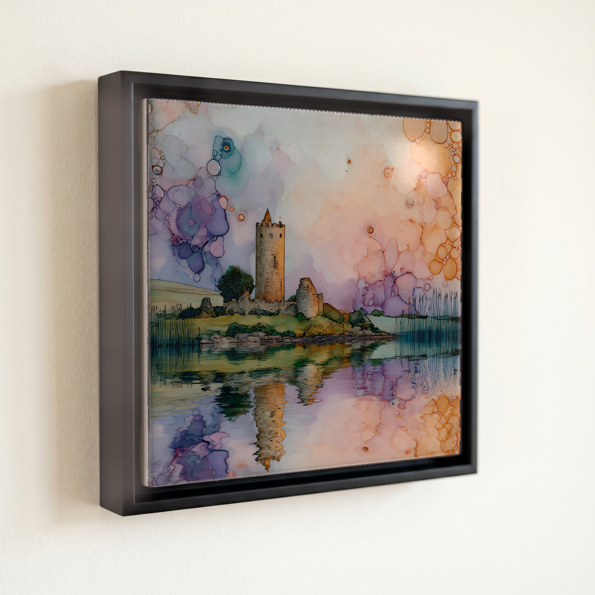 shown in a slim black floating frame · 6 × 6 in